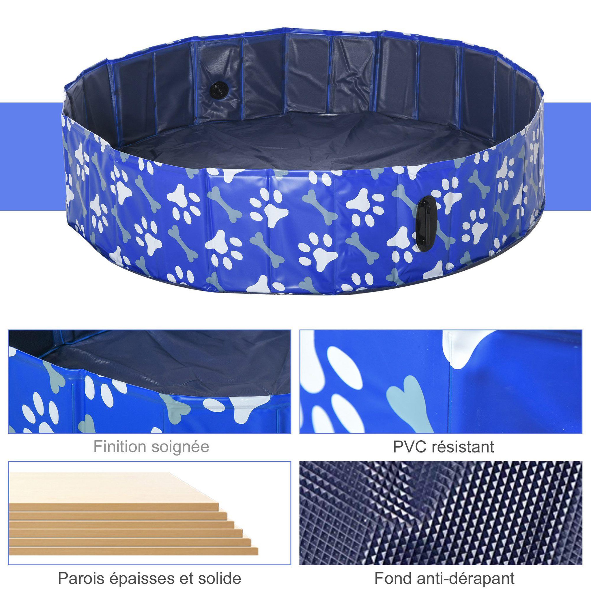 Voir la diapositive 6 : PAWHUT Piscine pour chien bassin PVC pliable anti-glissant facile à nettoyer Ø 1,4 m hauteur 30 cm motifs os pattes bleu