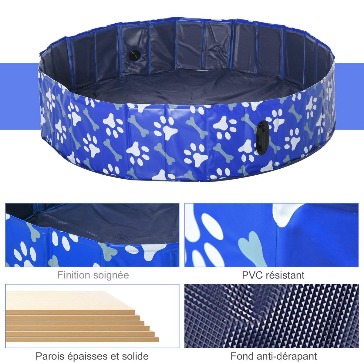 PAWHUT Piscine pour chien bassin PVC pliable anti-glissant facile à nettoyer Ø 1,4 m hauteur 30 cm motifs os pattes bleu