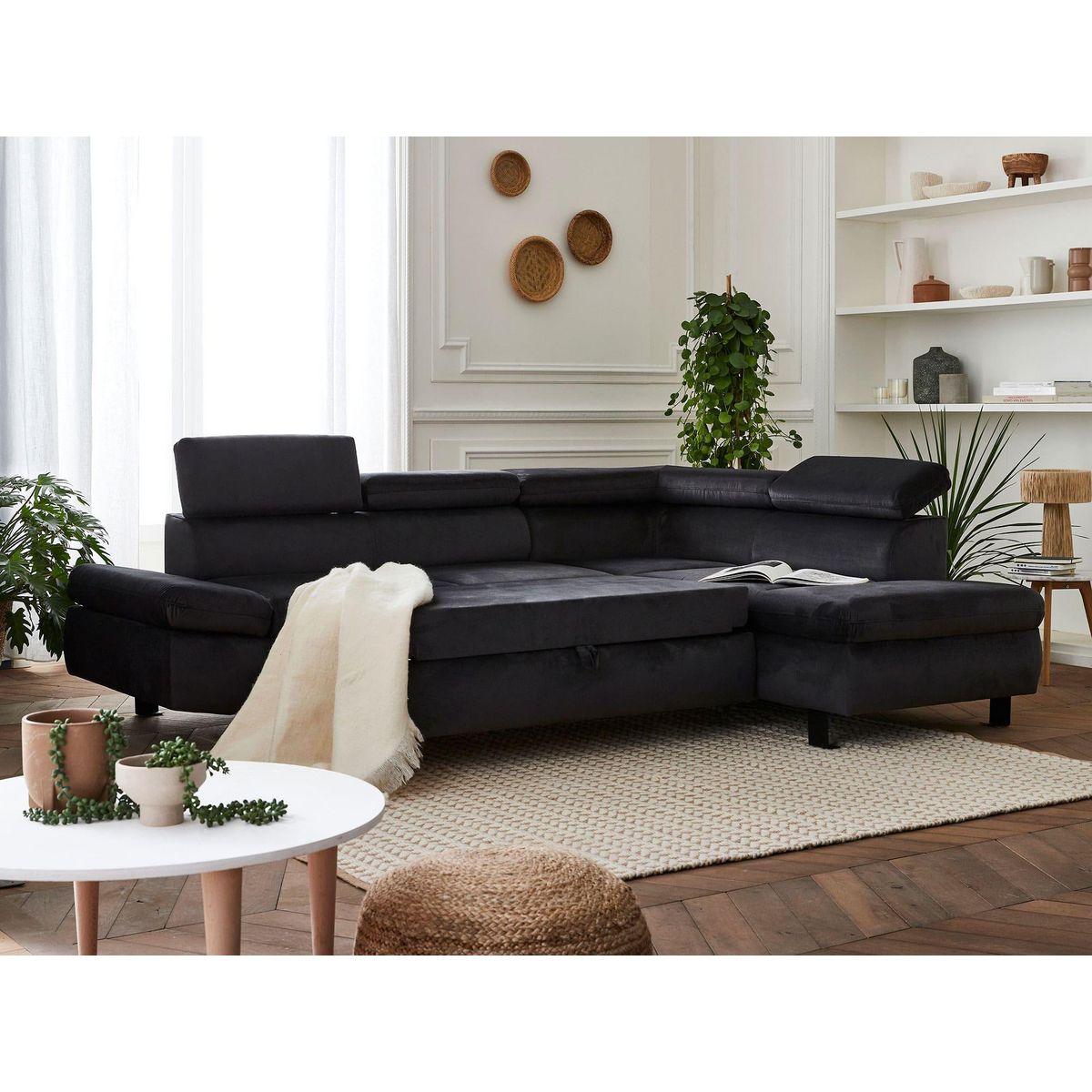 LISA DESIGN Nairobi - canapé d'angle convertible - en velours - 5 places - avec têtières - droit