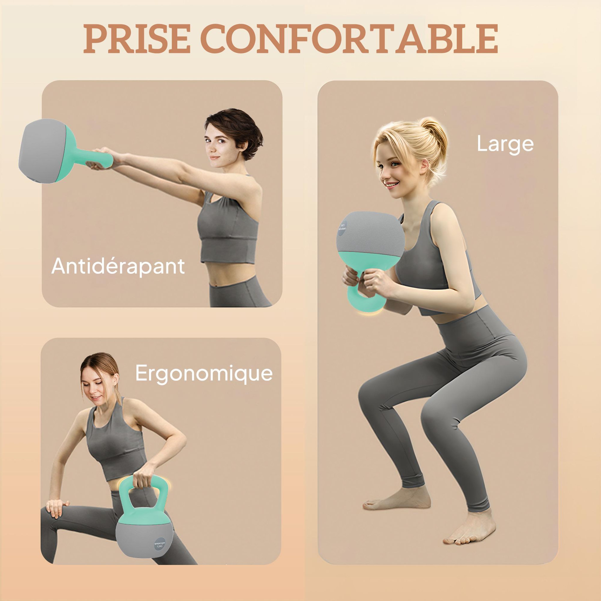 Voir la diapositive 5 : HOMCOM Kettlebell 12 kg - prise ergonomique - entraînement musculaire & haltérophilie - pvc gris vert d'eau