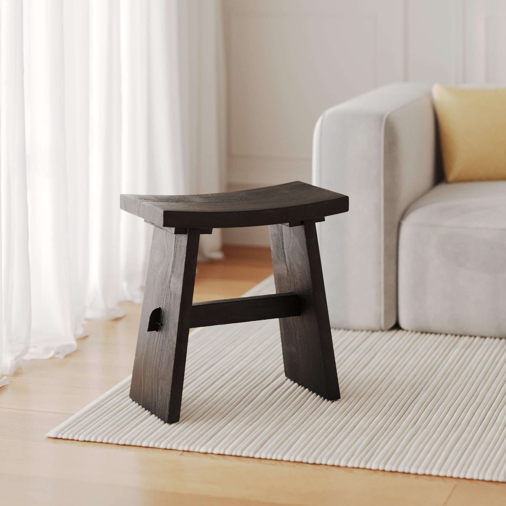 Voir la diapositive 2 : MAISON PAVANE Tabouret en bois de teck recyclé peint en noir-Eka