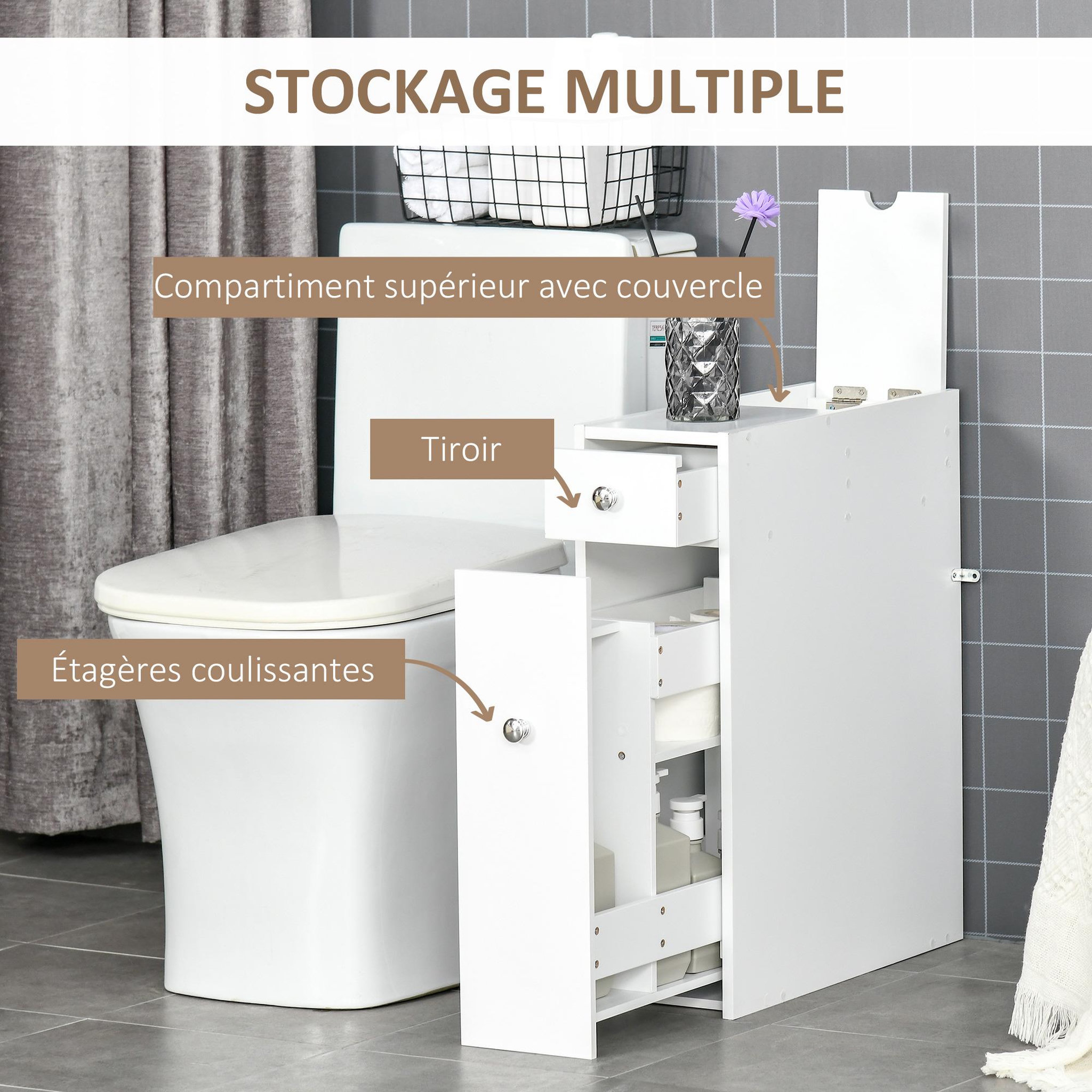 Voir la diapositive 6 : HOMCOM Support papier toilette - porte-papier toilette - armoire pour papier toilette - 2 tiroirs, coffre - mdf blanc