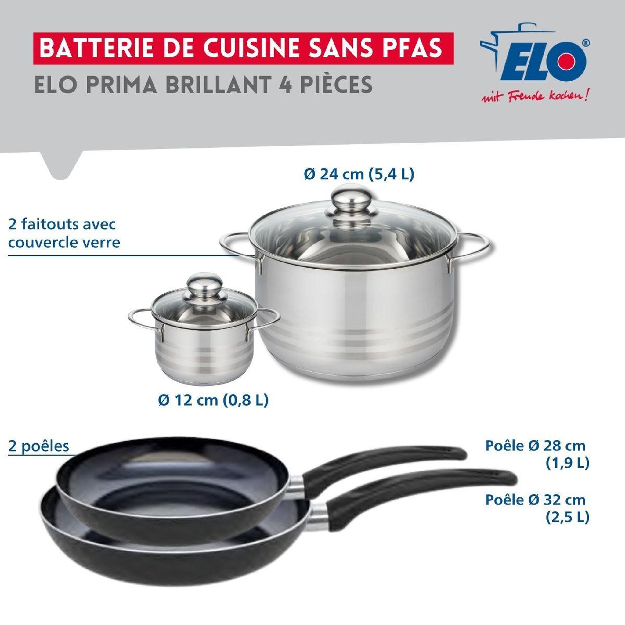 Voir la diapositive 2 : ELO Ensemble de 2 poêles de cuisson 28 et 32 cm et 2 faitouts 12 et 24 cm elo prima brillant