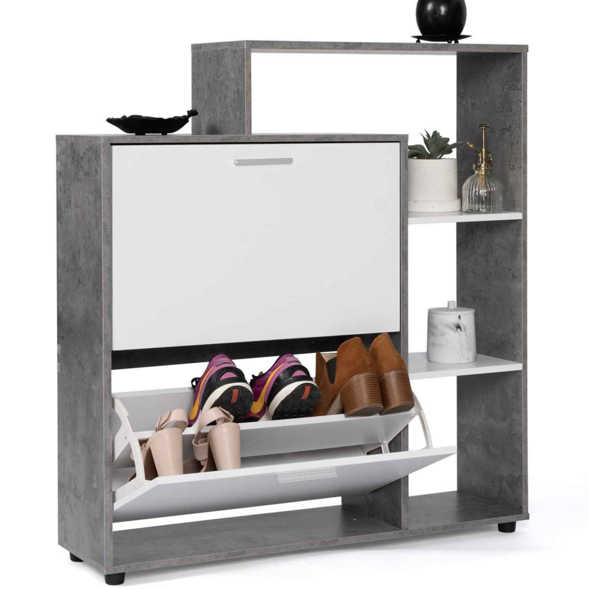 ID MARKET Meuble à chaussures 12 paires KLARK effet béton 2 portes blanches avec étagère