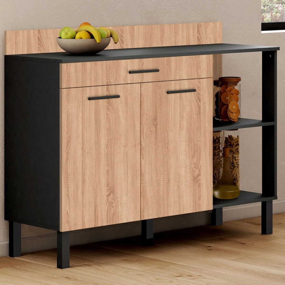 ID MARKET Buffet bas de cuisine 120 cm CINA plan de travail H.83 cm 2 portes + tiroir noir et façon hêtre