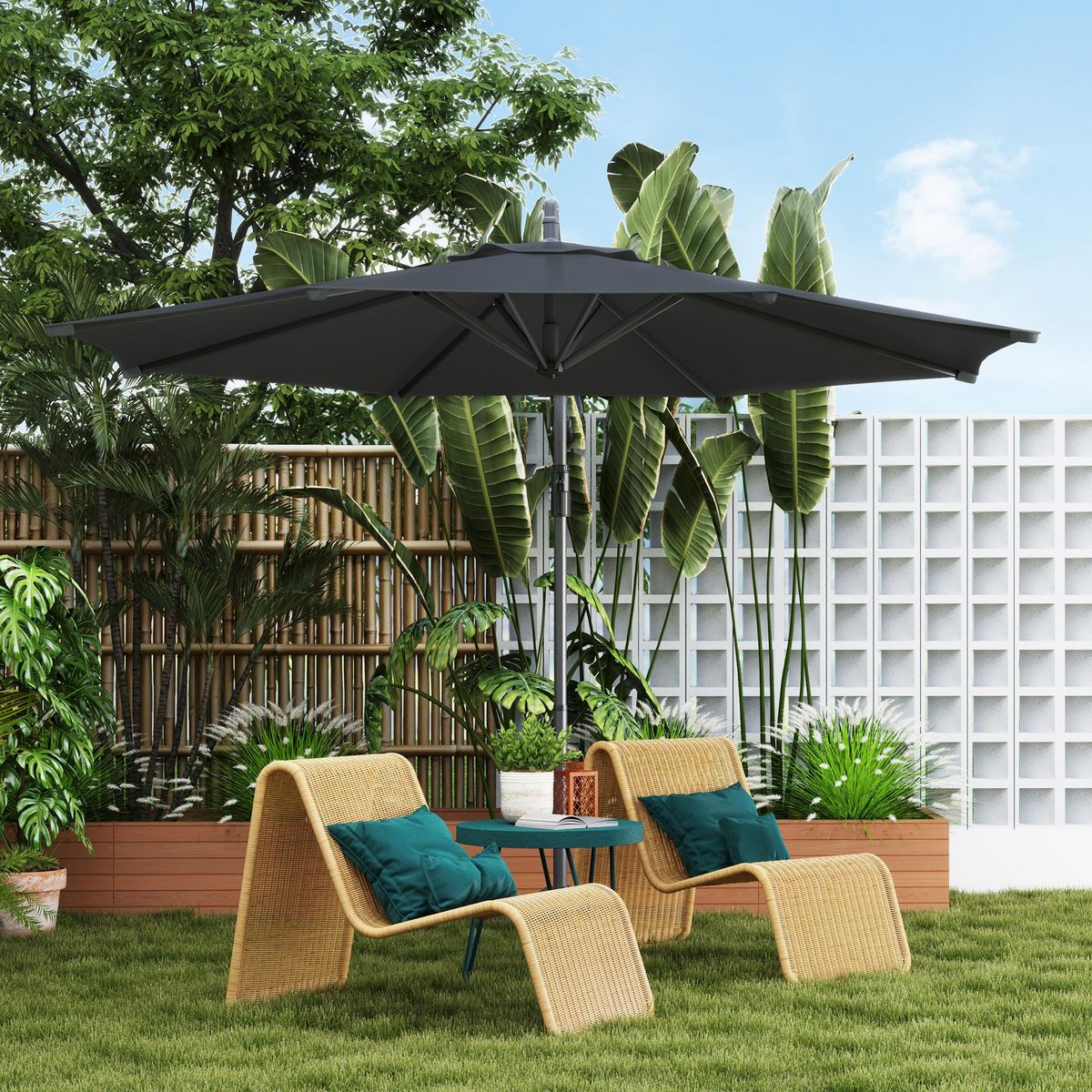 OUTSUNNY Parasol déporté octogonal inclinable rabattable diamètre 2,97 m parasol de jardin avec pied en croix noir