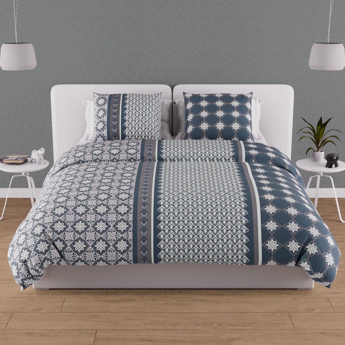 SOLEIL D'OCRE Parure housse de couette en coton 57 fils/cm2 240x220 cm LISBONNE bleu orage, par Soleil d'Ocre