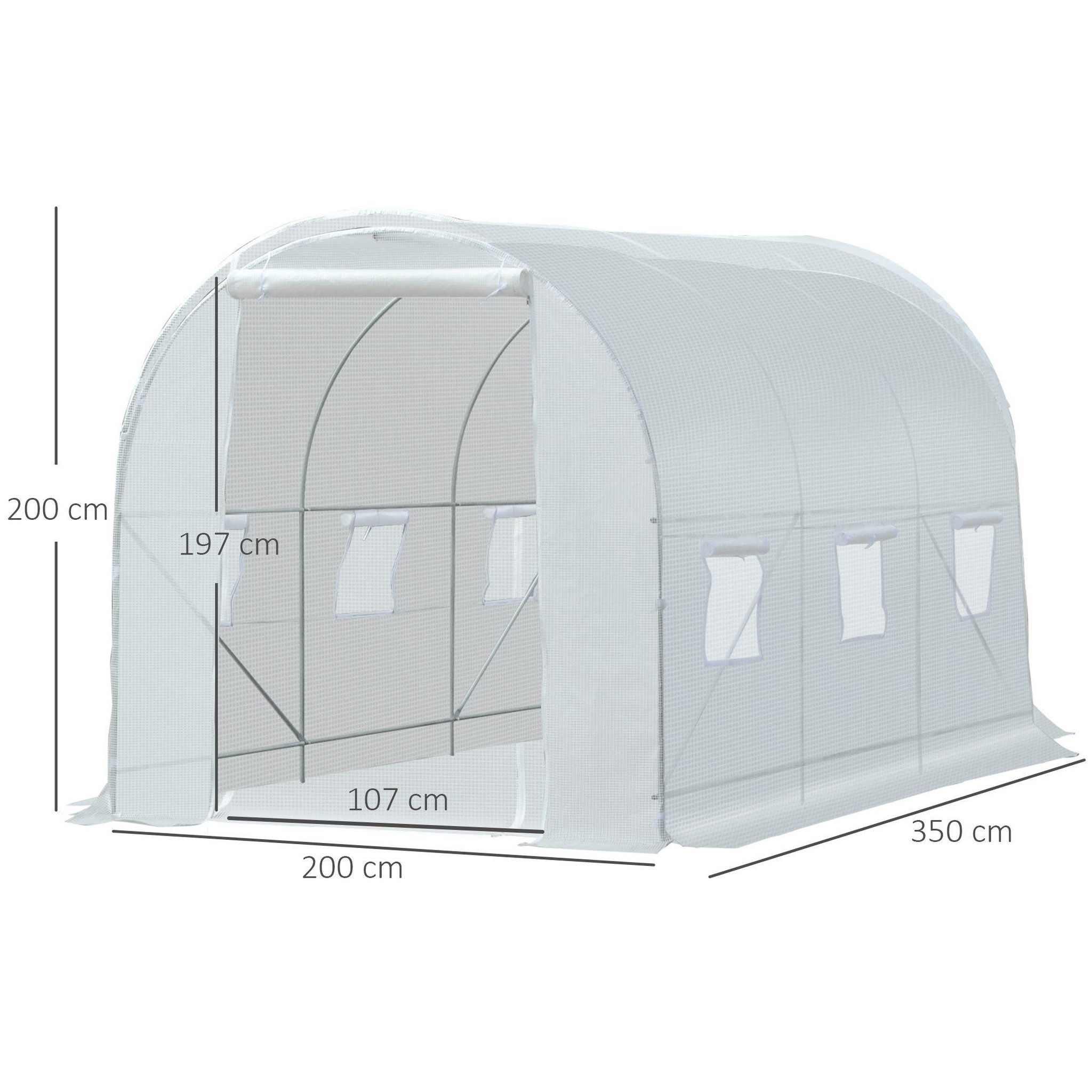 Voir la diapositive 3 : OUTSUNNY Serre de jardin tunnel surface sol 7 m² 3,5l x 2l x 2h m châssis tubulaire renforcé 18 mm 6 fenêtres blanc