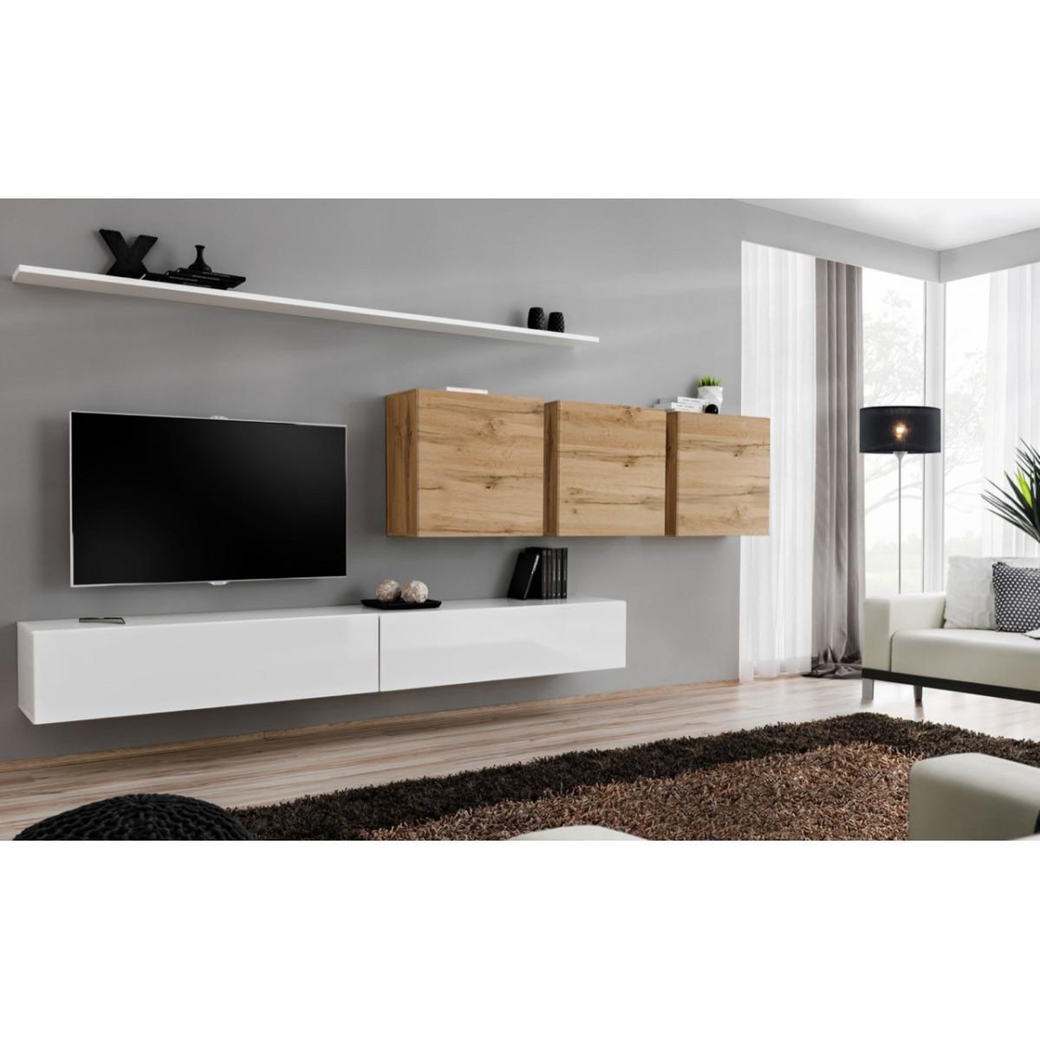 Voir la diapositive 2 : Paris Prix Meuble tv mural design  switch vii  340cm blanc & naturel