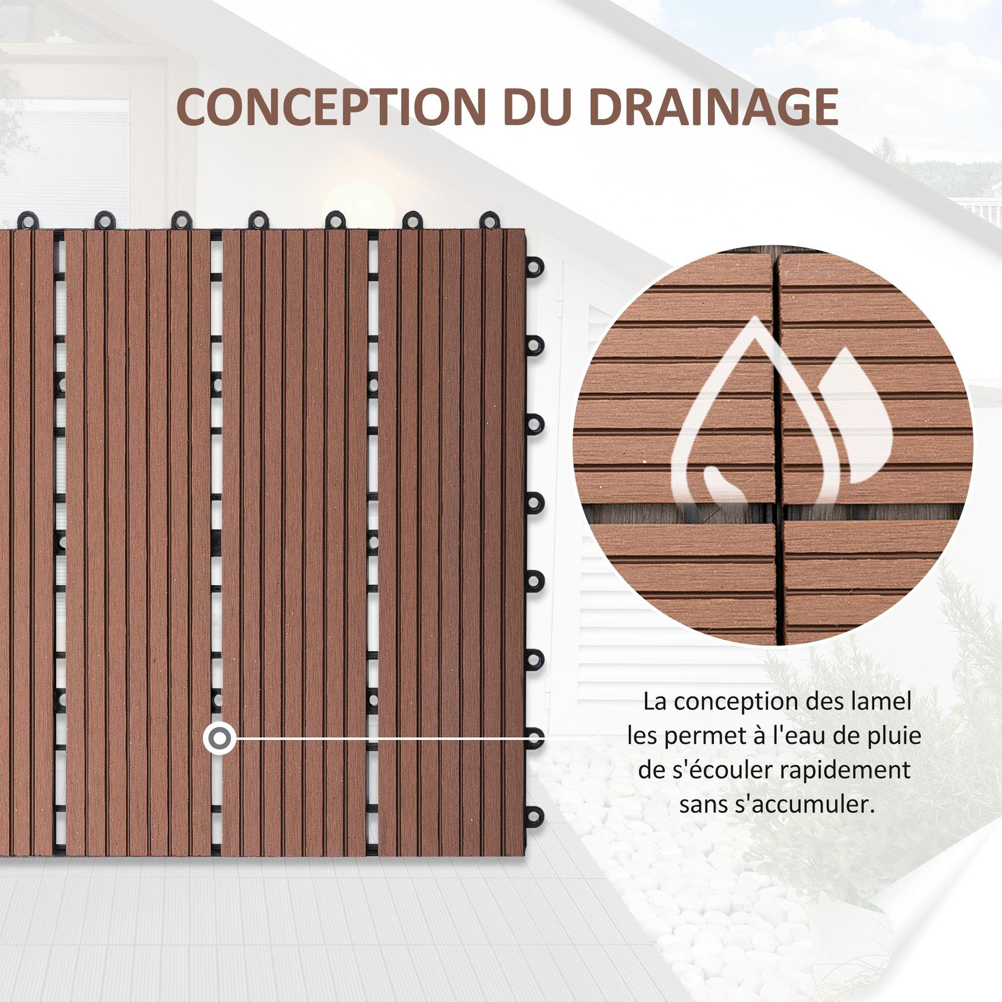 Voir la diapositive 5 : OUTSUNNY Lot de 11 dalles de jardin piscine 30 x 30 x 2,2 cm - clipsables, antidérapantes - HDPE effet bois