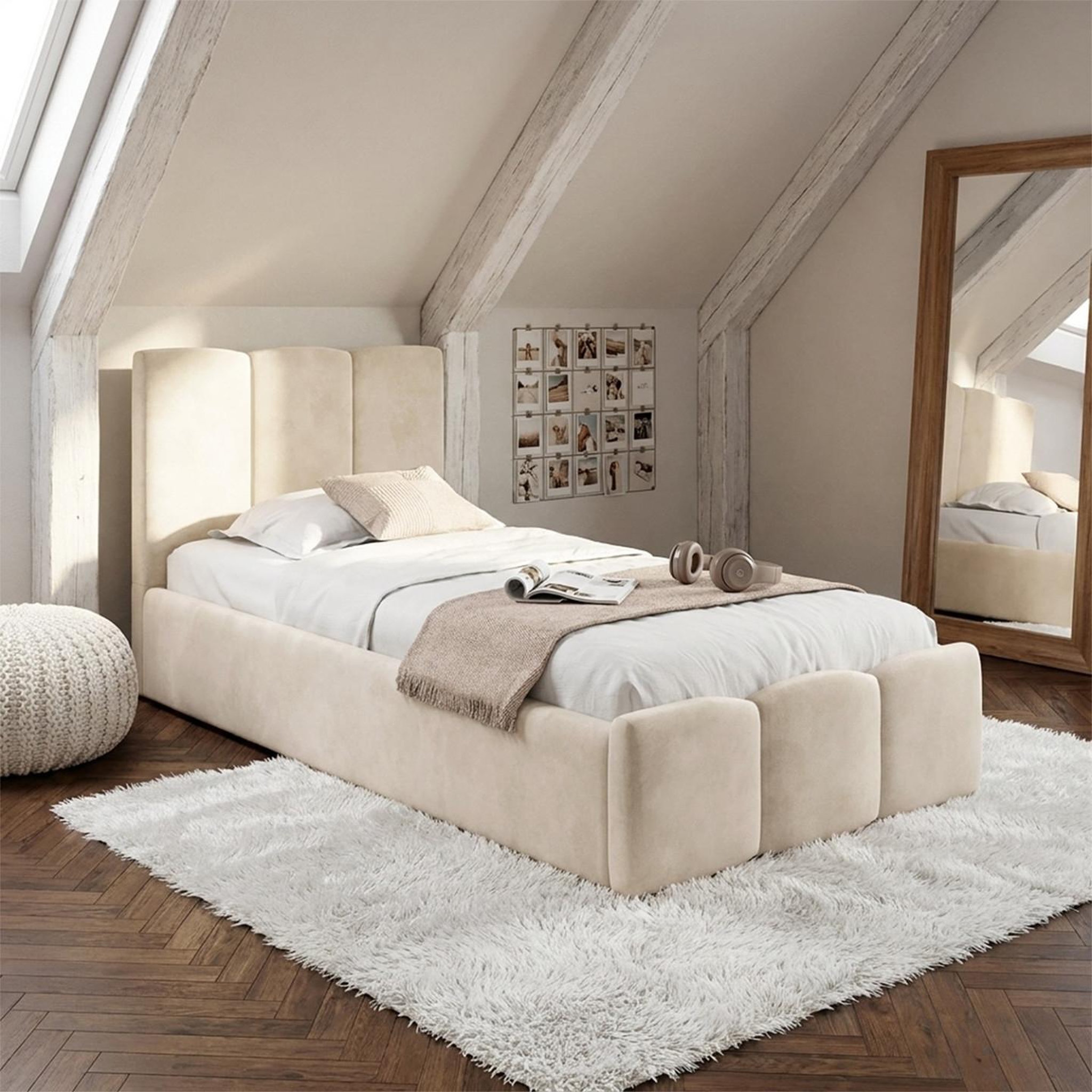 Voir la diapositive 3 : ID MARKET Lit coffre simple nuage avec tête de lit matelassée et sommier 90 x 190 cm velours beige