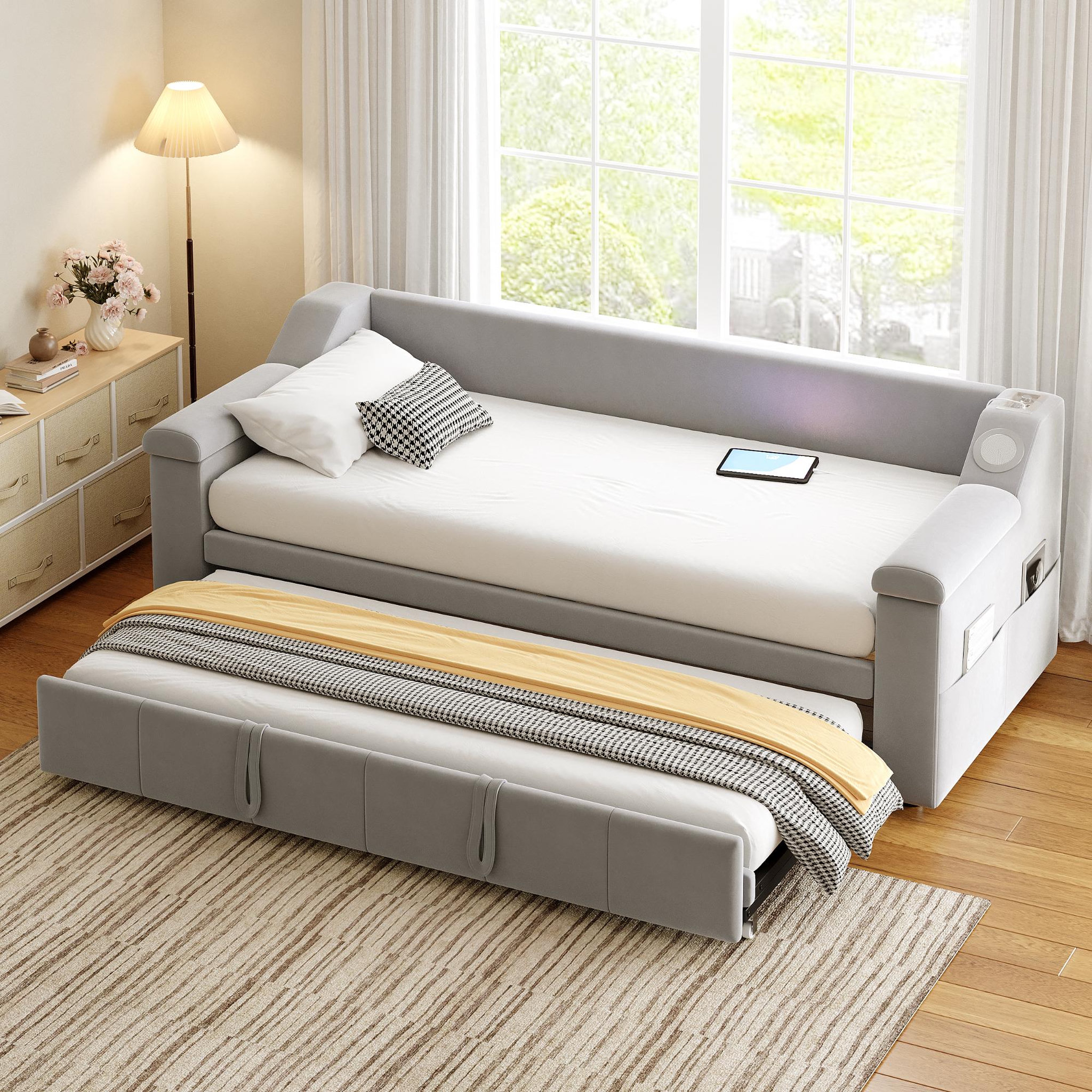 Voir la diapositive 4 : MERAX Lit banquette gigogne rembourré 90x190(180x190)cm