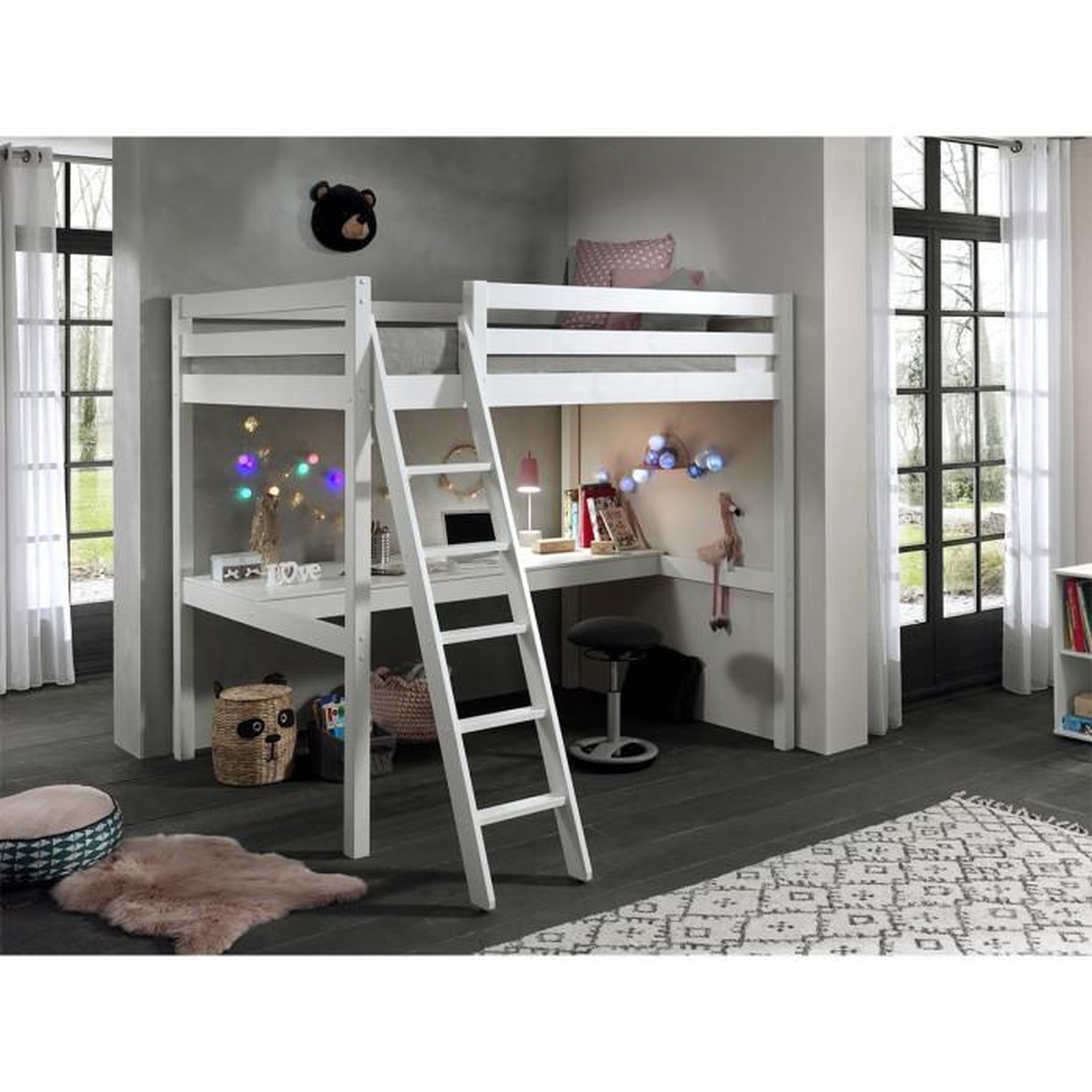 Voir la diapositive 4 : Paris Prix Lit Mezzanine Enfant & Plan de Travail  Pino  140x200cm Blanc