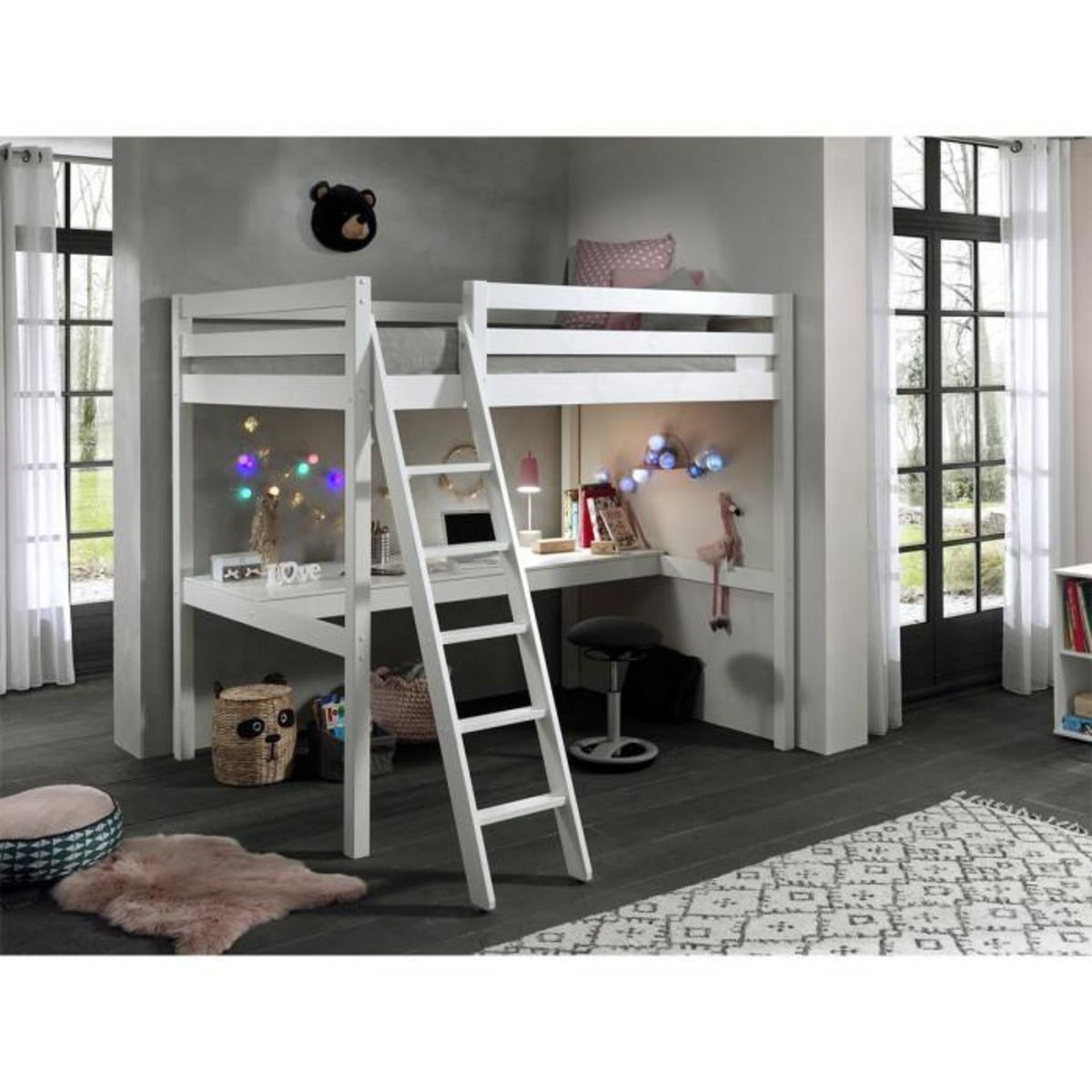 Paris Prix Lit Mezzanine Enfant & Plan de Travail  Pino  140x200cm Blanc