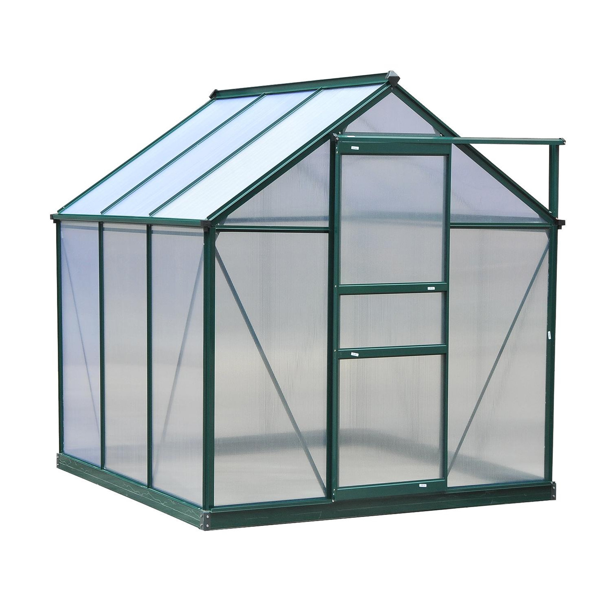 OUTSUNNY Serre de jardin aluminium polycarbonate 3,65 m² dim. 1,9l x 1,92l x 2,01h m lucarne, porte coulissante + fondation incluse alu. Vert polycarbonate transparent