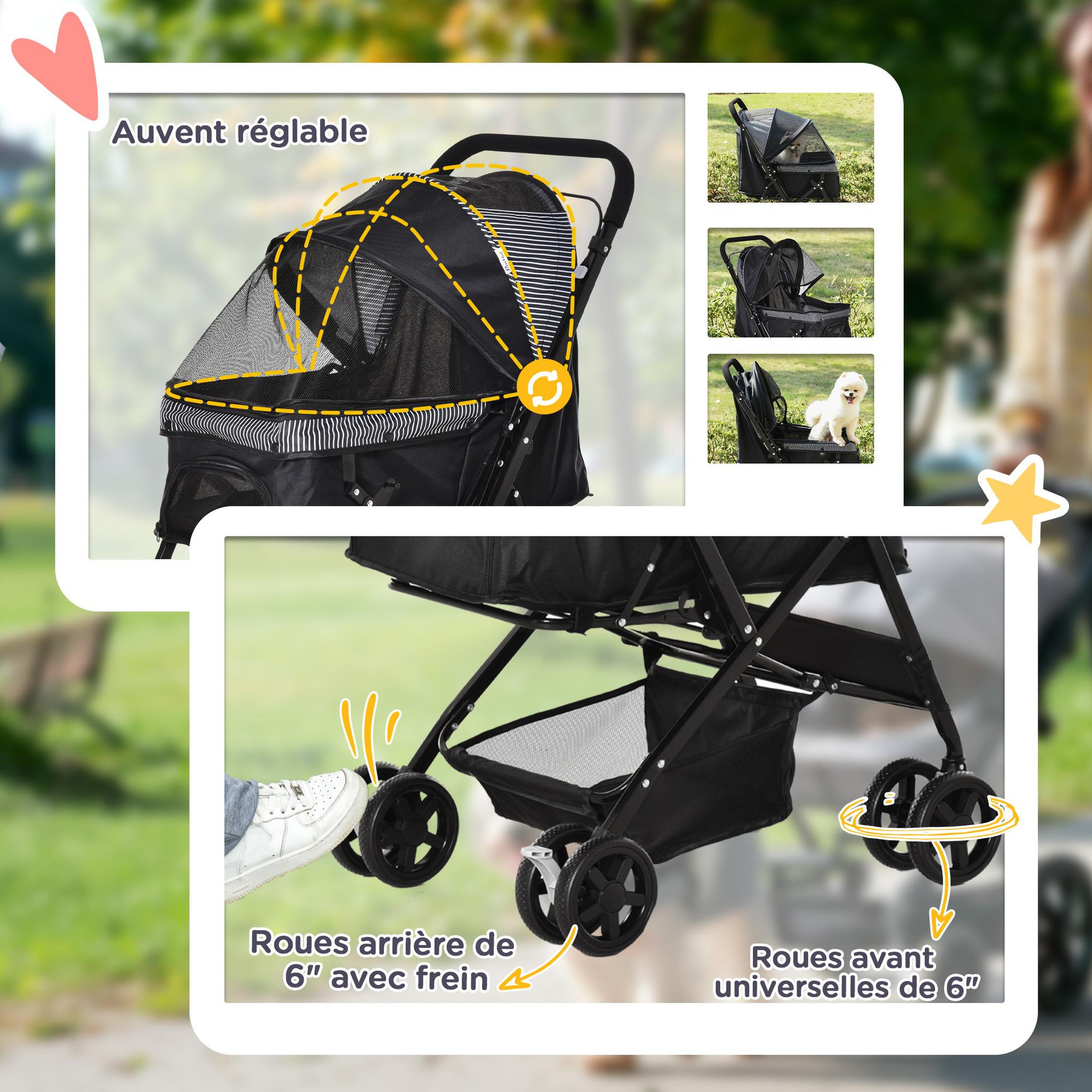 Voir la diapositive 6 : PAWHUT Poussette buggy pliable chien chat panier et sac de rangement attaches sécurité housse réglable poignée réglable acier oxford noir