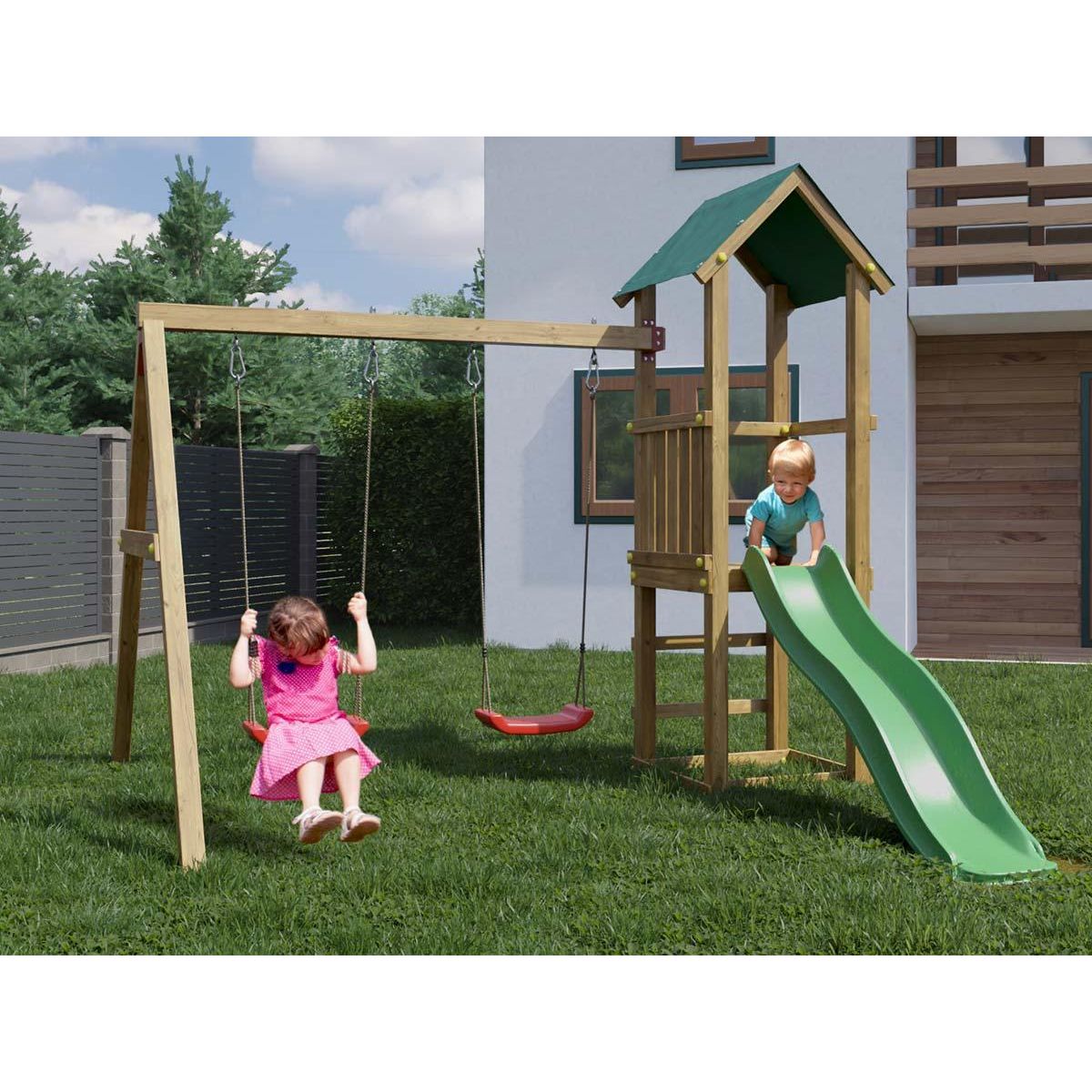 Fungoo Aire de jeux Lucas avec balançoire double - Fungoo