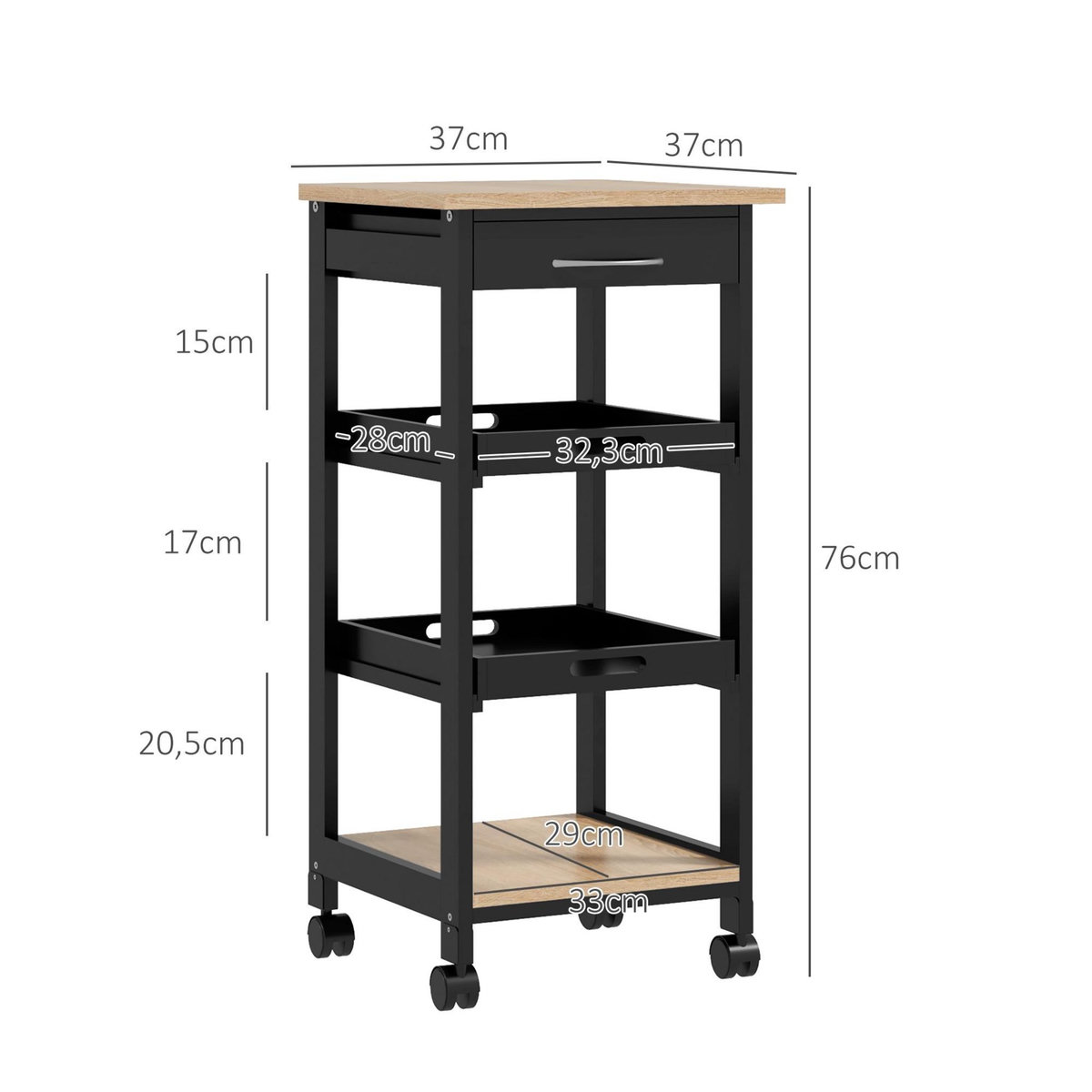 HOMCOM Chariot de service desserte de cuisine à roulettes 2 plateaux amovibles, tiroir, étagère MDF chêne clair bois pin