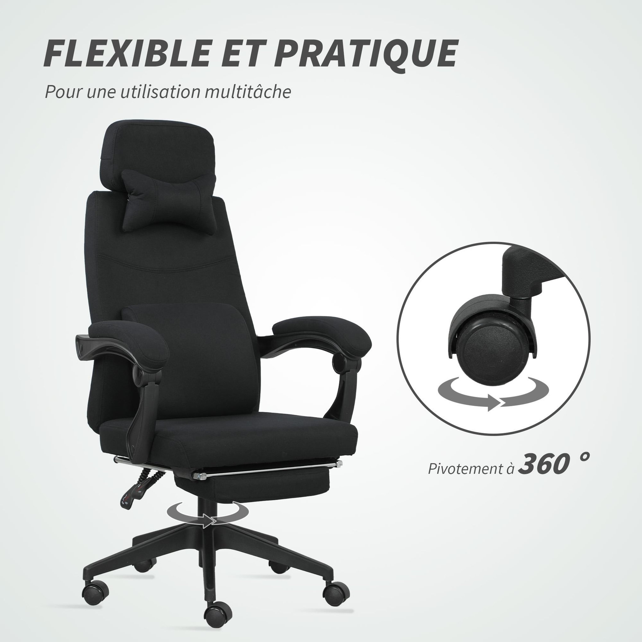Voir la diapositive 6 : VINSETTO Fauteuil de bureau manager grand confort dossier réglable repose-pied coussin lombaire roulettes 360° lin 62L x 68P x 127H cm noir