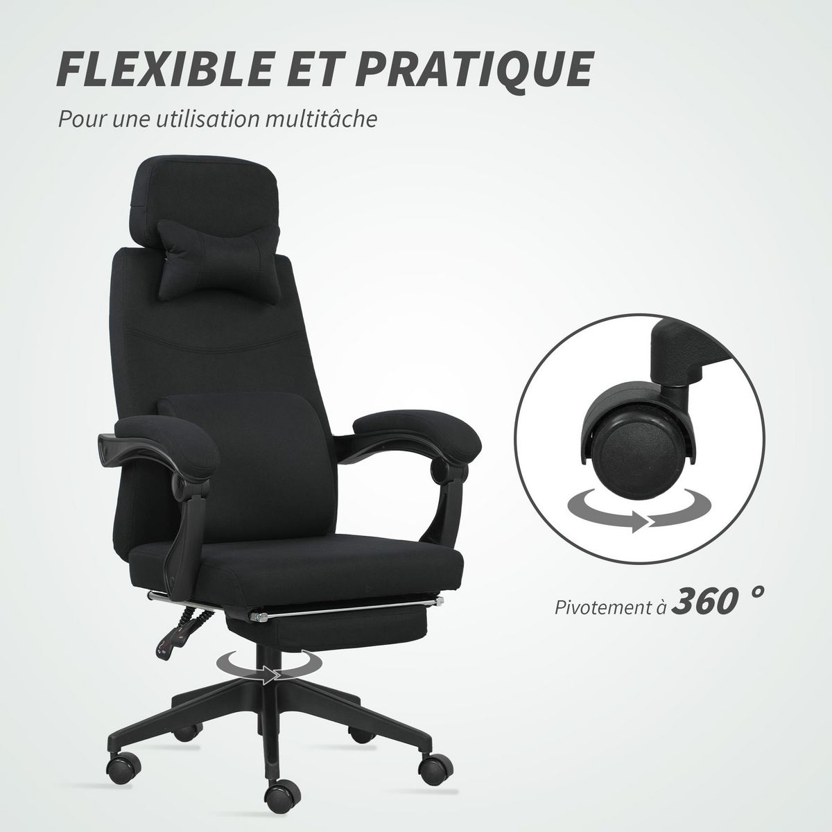 VINSETTO Fauteuil de bureau manager grand confort dossier réglable repose-pied coussin lombaire roulettes 360° lin 62L x 68P x 127H cm noir