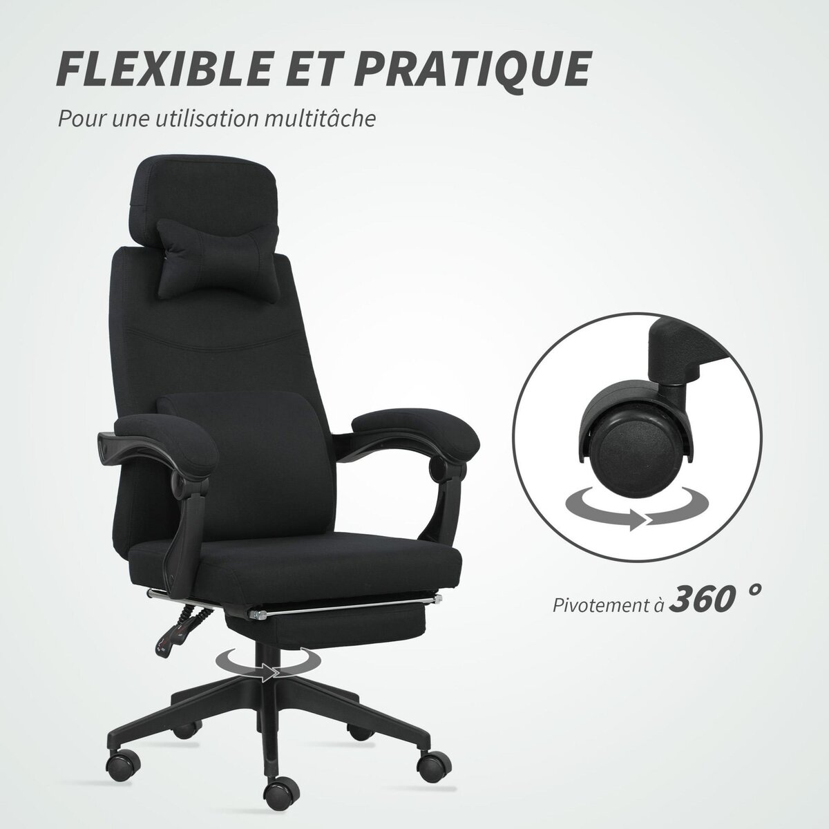 VINSETTO Fauteuil de bureau manager grand confort dossier réglable repose-pied coussin lombaire roulettes 360° lin 62L x 68P x 127H cm noir
