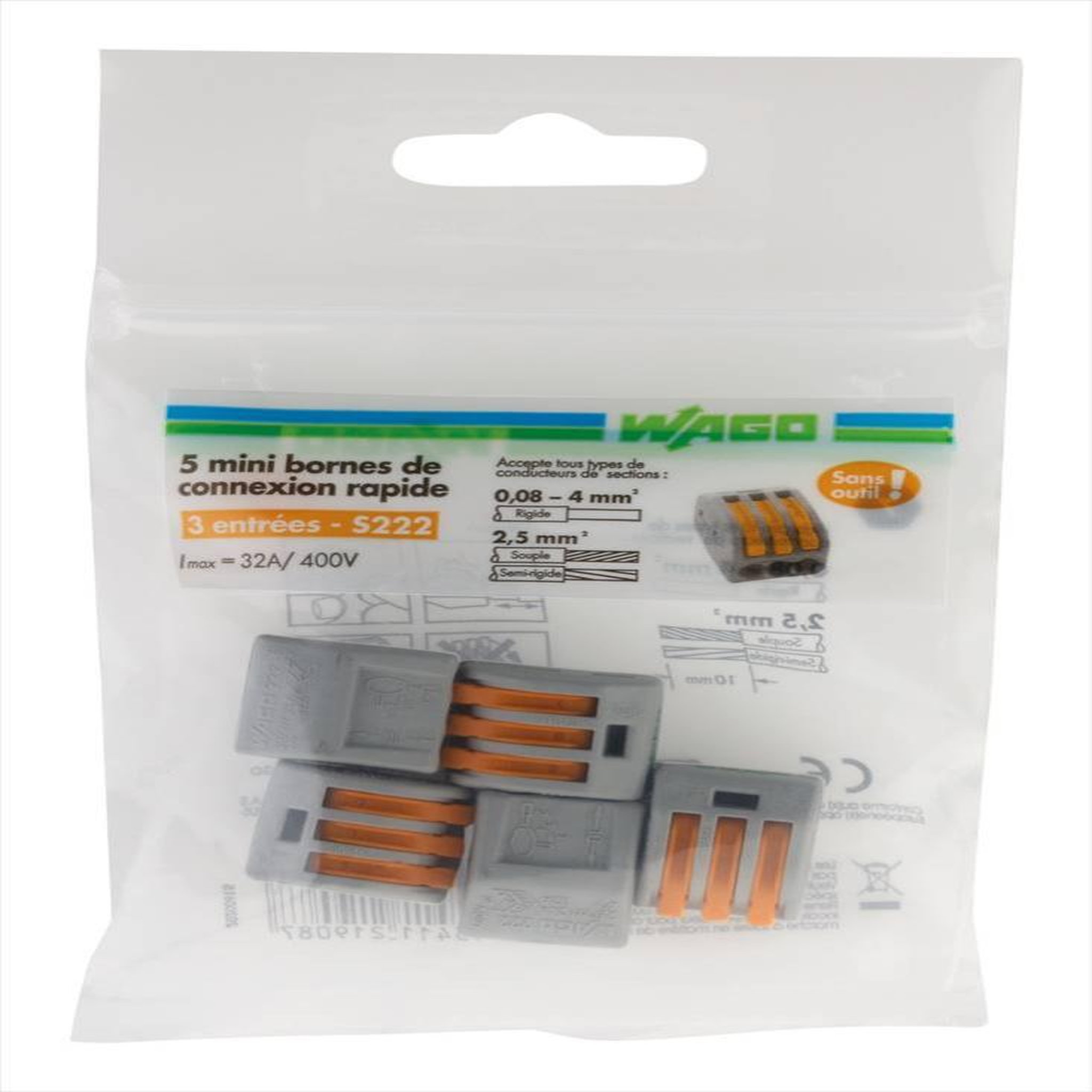 WAGO Lot de 5 bornes automatiques à levier, 2,5 mm² pour rigide et souple WAGO