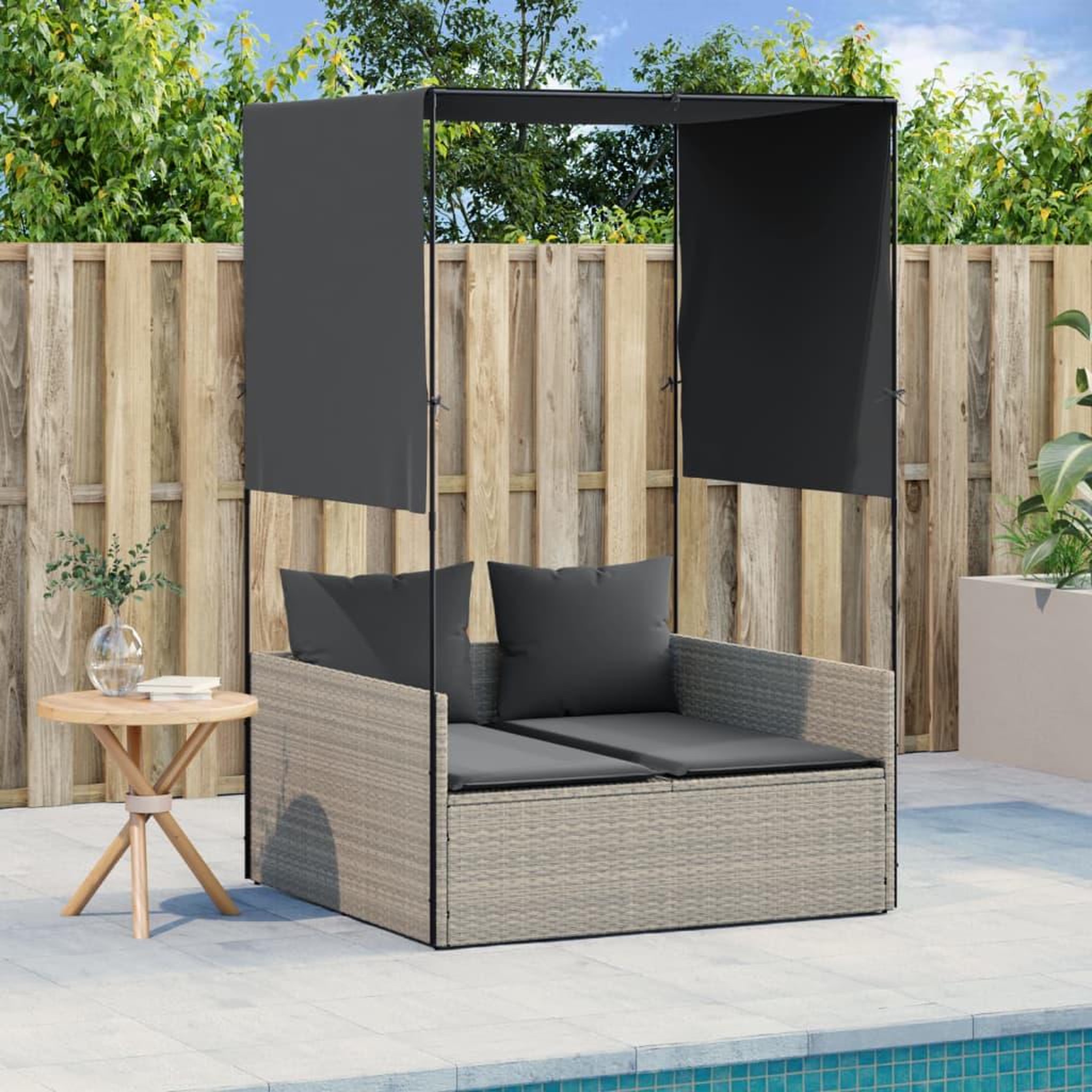 VIDAXL Chaise longue double avec toit et rideaux gris clair poly rotin