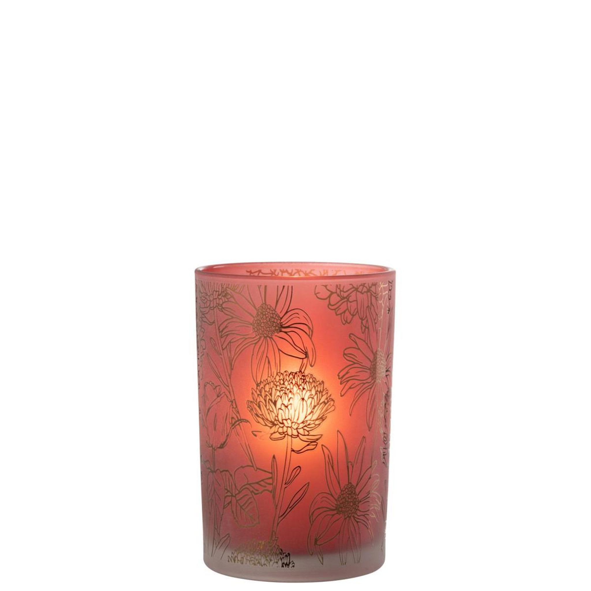 Voir la diapositive 2 : J-LINE Photophore Déco en Verre Mat  Fleurs  18cm Rouge
