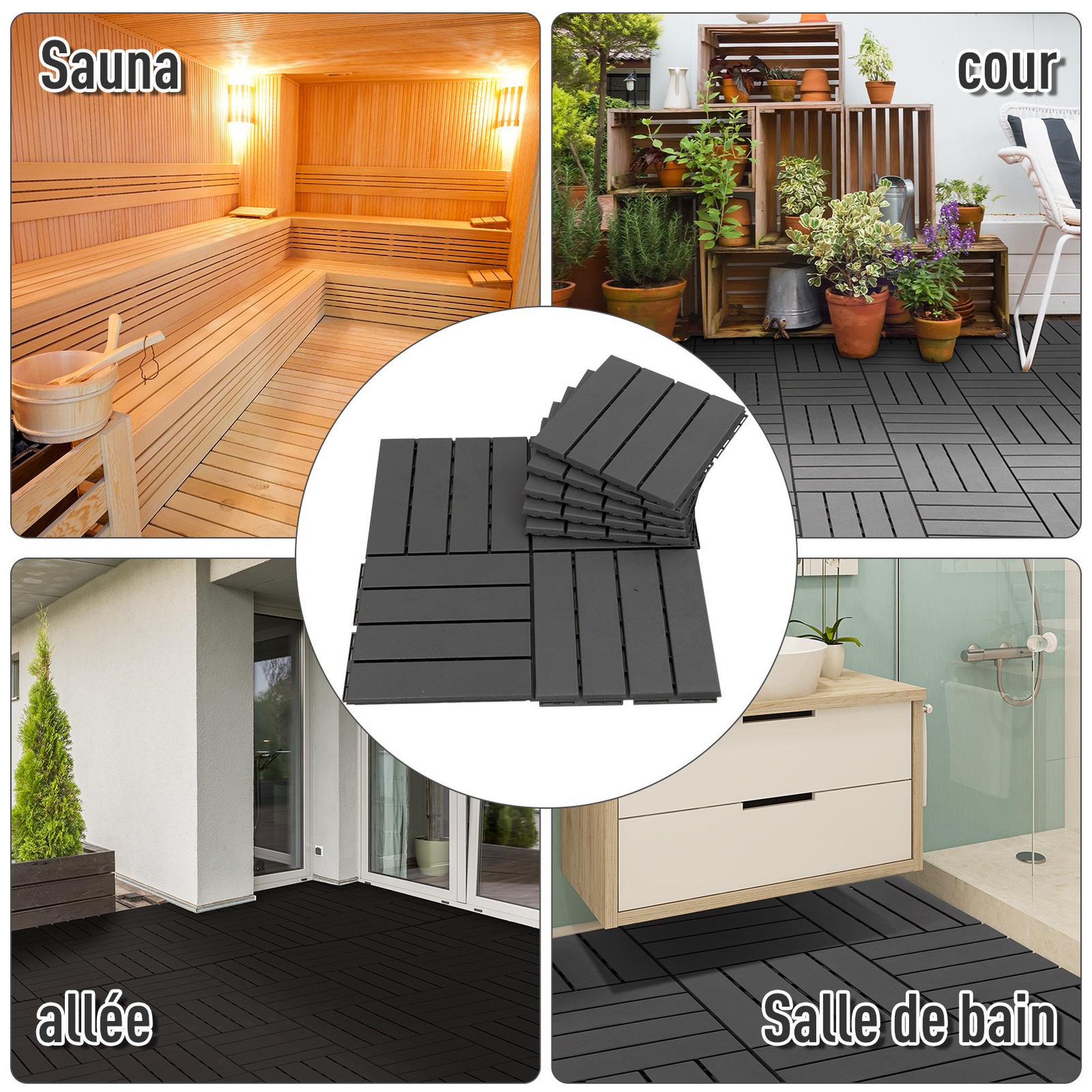 Voir la diapositive 6 : OUTSUNNY Caillebotis - dalles terrasse - lot de  9 - emboîtables, installation très simple - petits carreaux composite plastique imitation bois noir