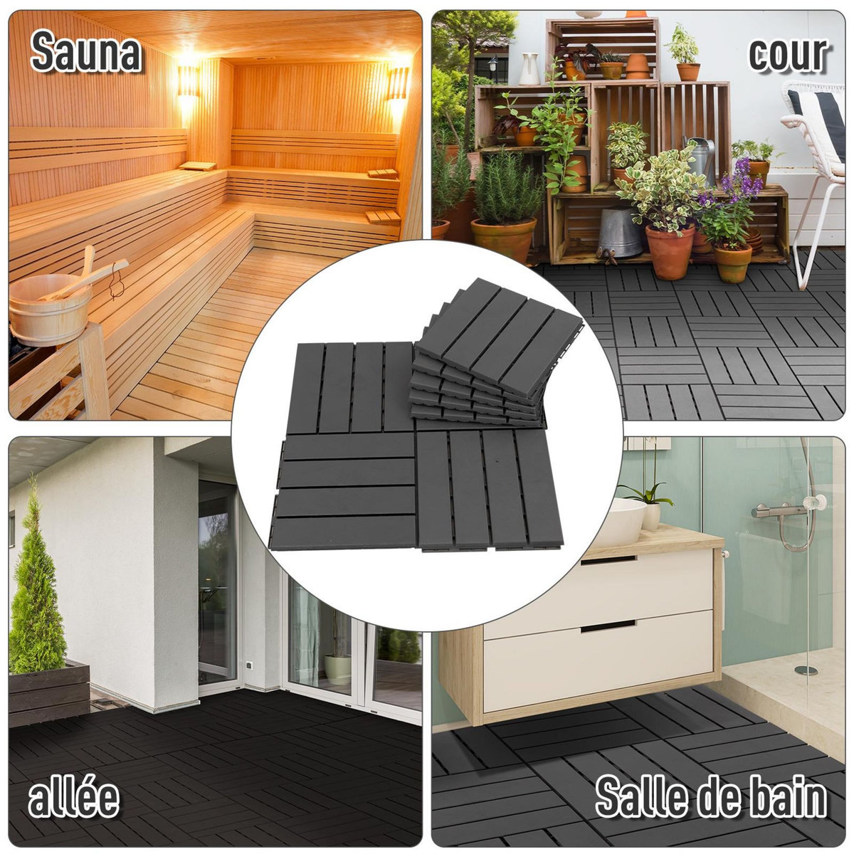 OUTSUNNY Caillebotis - dalles terrasse - lot de  9 - emboîtables, installation très simple - petits carreaux composite plastique imitation bois noir