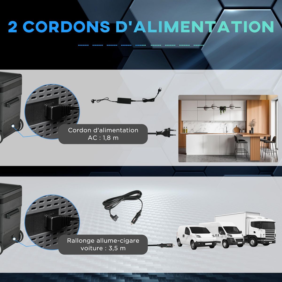 OUTSUNNY Outsunny Glacière-congélateur portable à compression 2 compartiments -22°C - 10°C 45L prise alume-cigare + adaptateur inclus gris noir