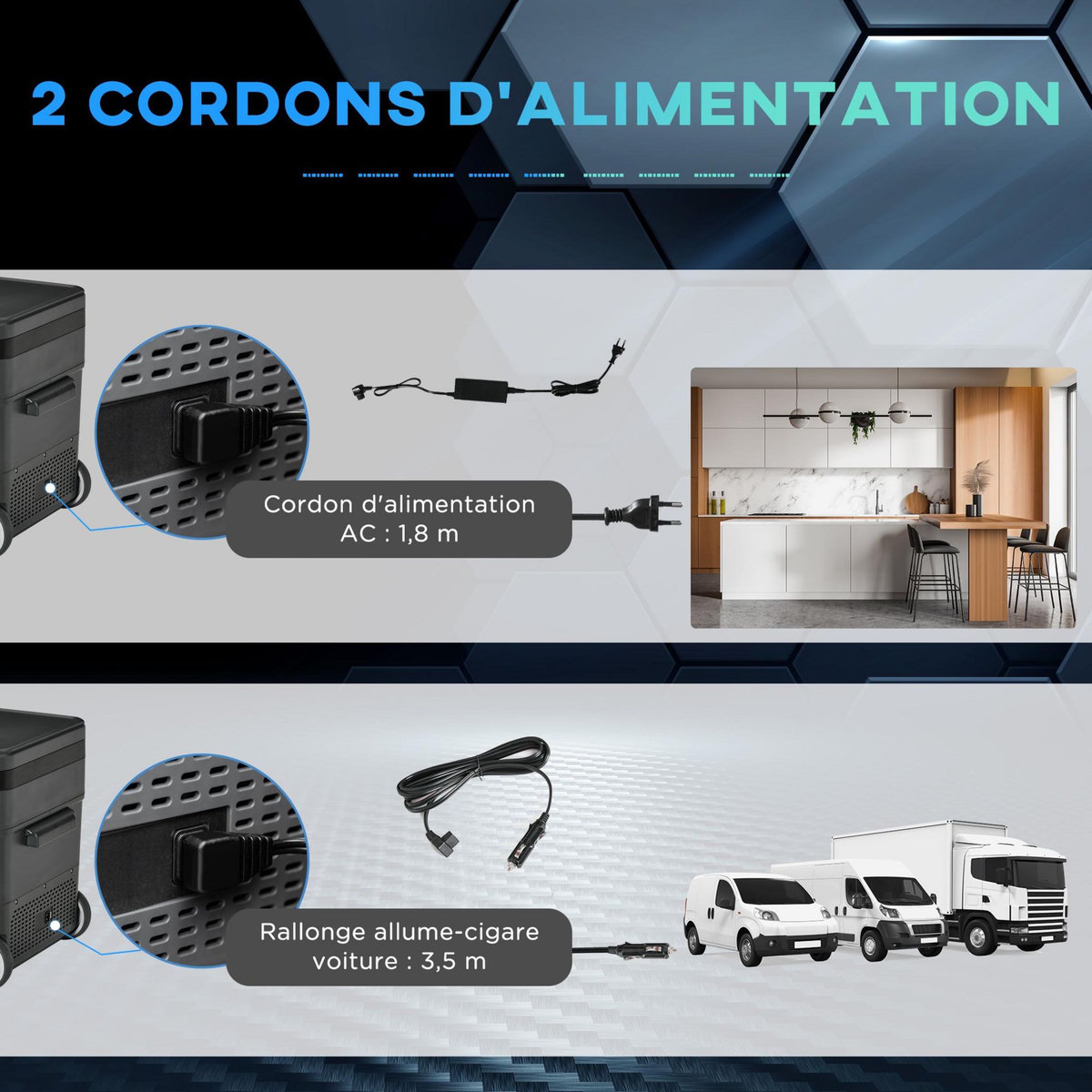 OUTSUNNY Outsunny Glacière-congélateur portable à compression 2 compartiments -22°C - 10°C 45L prise alume-cigare + adaptateur inclus gris noir