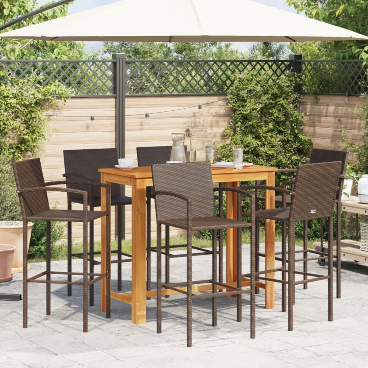 VIDAXL Ensemble de bar de jardin 7 pcs marron bois massif acacia rotin