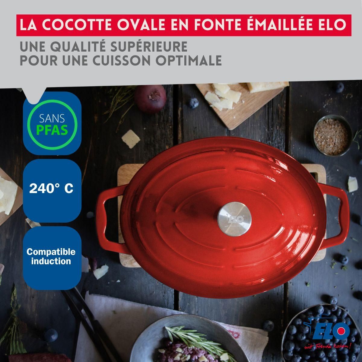 ELO Cocotte ovale en fonte émaillée 33 cm de long rouge cerise 4,9 L Elo
