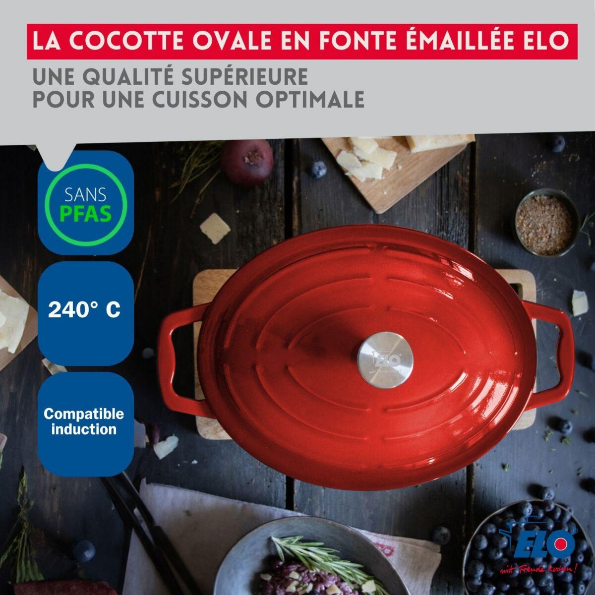 ELO Cocotte ovale en fonte émaillée 33 cm de long rouge cerise 4,9 L Elo