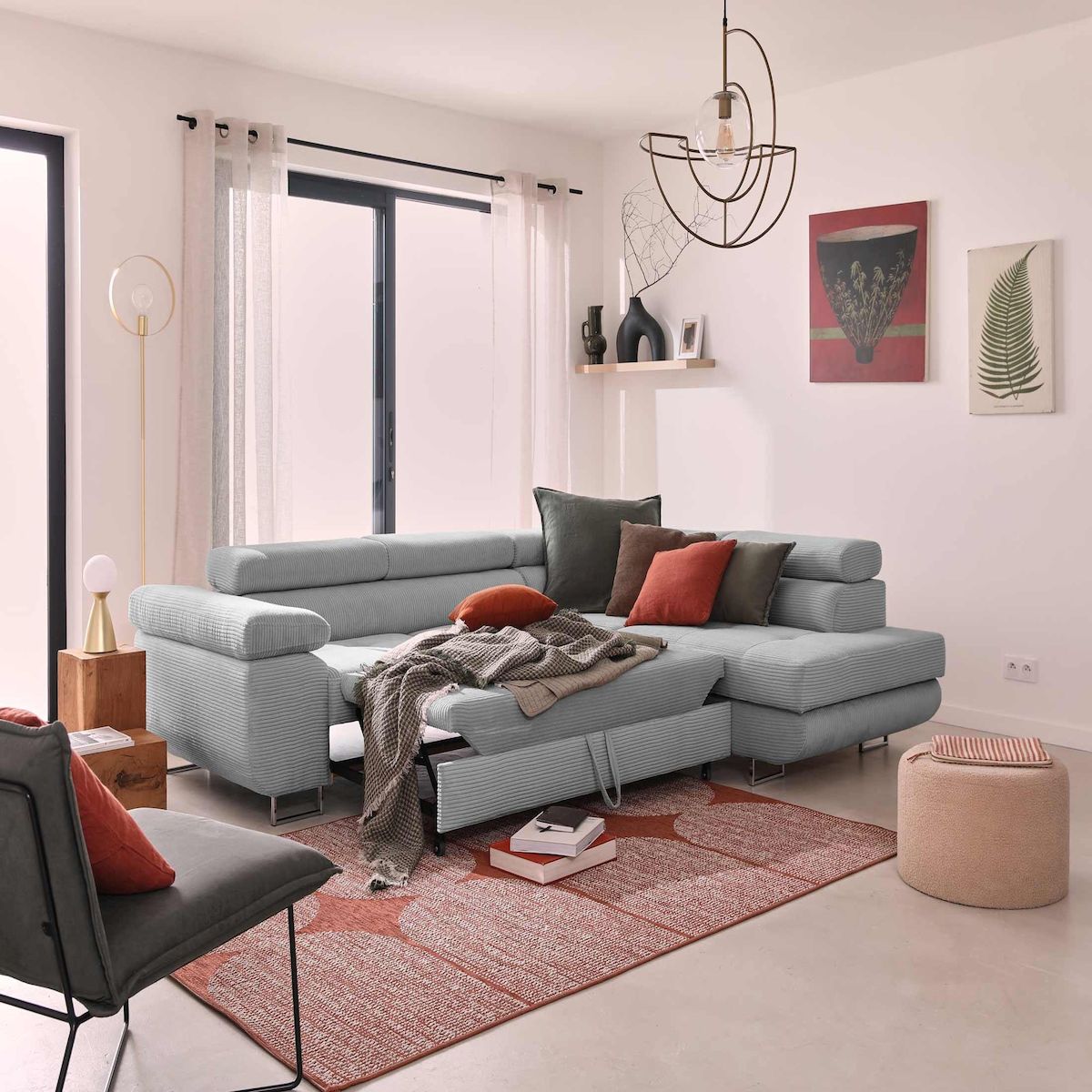 BEST MOBILIER Zaria - canapé d'angle droit - convertible avec coffre et têtières réglables - 5 places - en velours côtelé