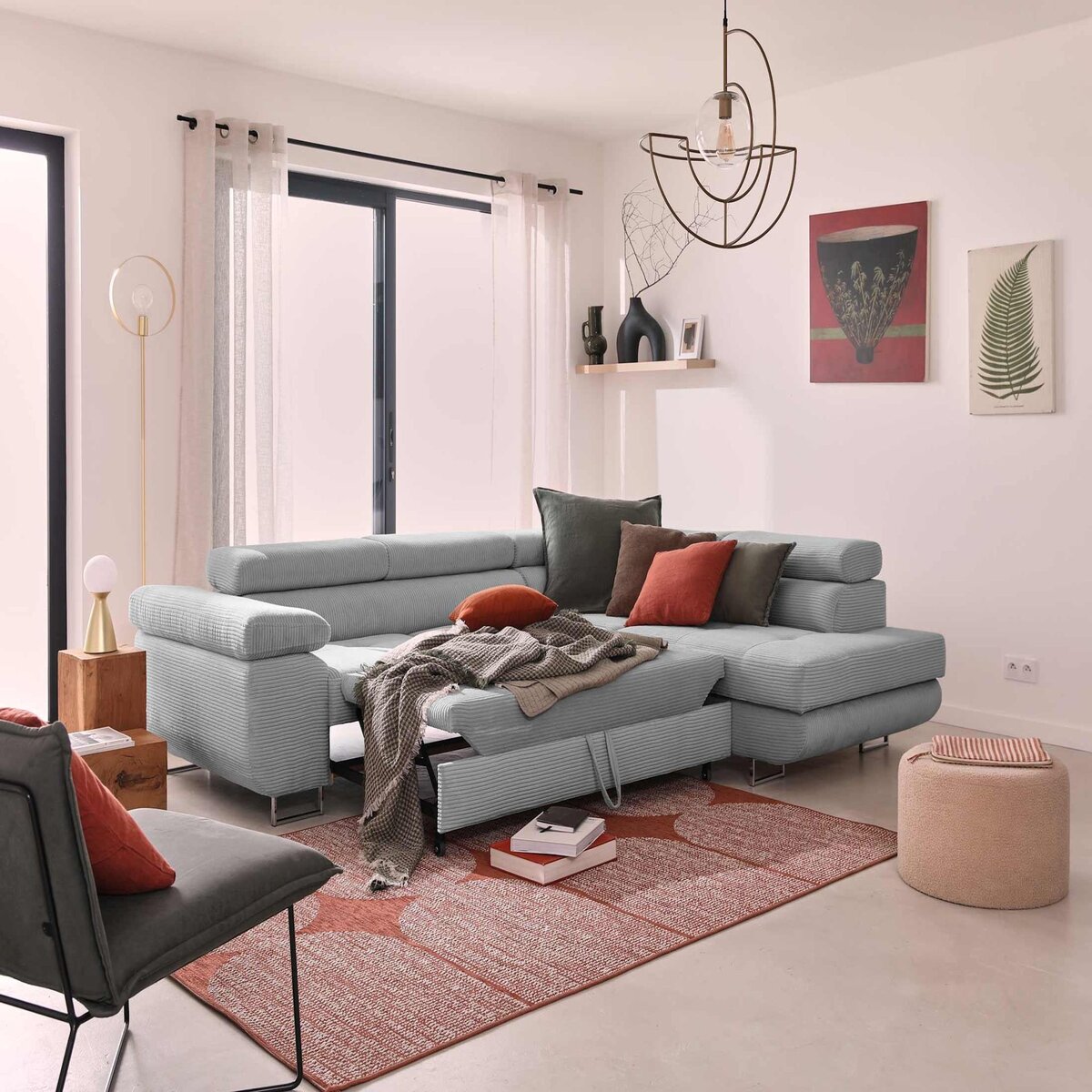 BEST MOBILIER Zaria - canapé d'angle droit - convertible avec coffre et têtières réglables - 5 places - en velours côtelé