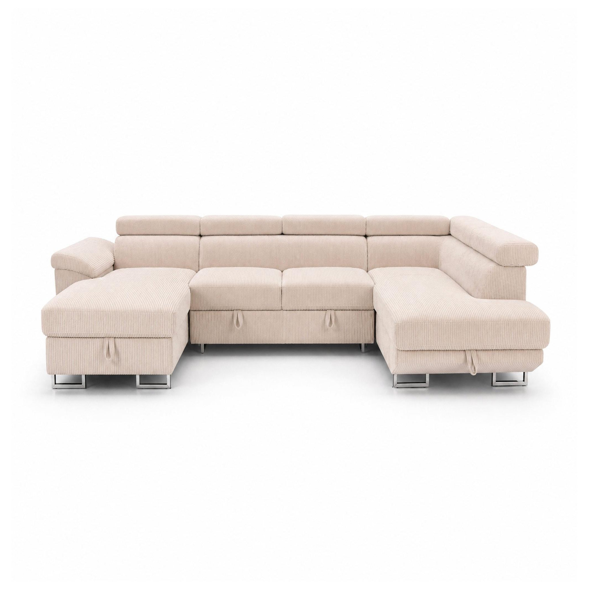 BEST MOBILIER Baoji - canapé panoramique d'angle droit 7 places convertible avec têtières et coffre en velours côtelé. Coloris disponibles : Beige
