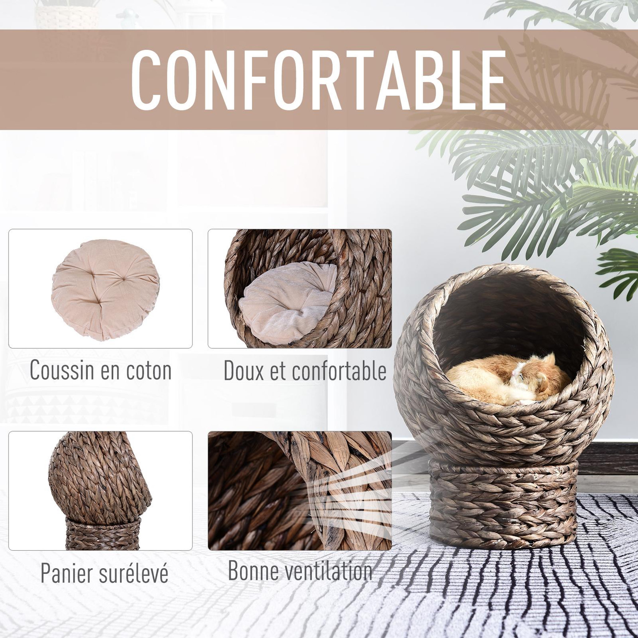 Voir la diapositive 6 : PAWHUT PawHut Panier chat lit chat cosy grand confort dim. 42L x 33l x 52H cm coloris gris coussin moelleux beige inclus