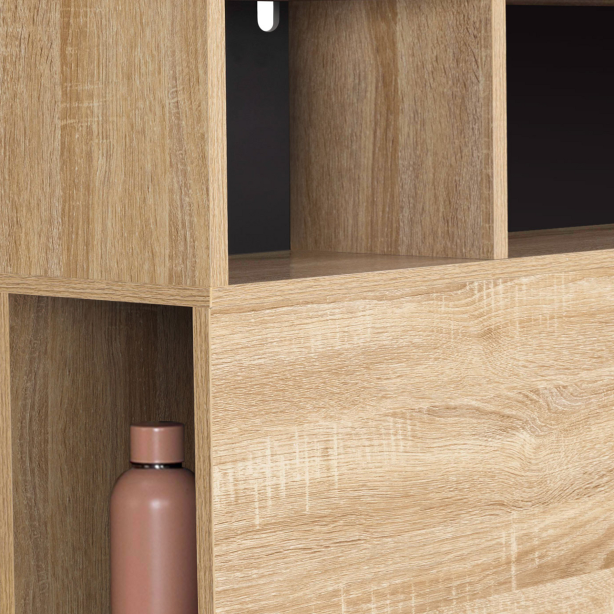 ID MARKET Tête de lit sur pied CLEO 145 cm avec rangements fermés et niches façon hêtre et noir