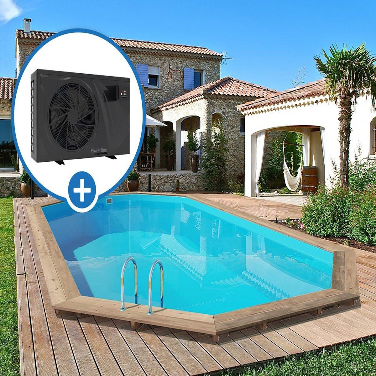 Habitat et Jardin Piscine bois   Palma 130   - 7.57 x 4.07 x 1.31 m + Pompe à chaleur pour piscine 6 kw/h inverter  PowerLine by Hayward  - Noir