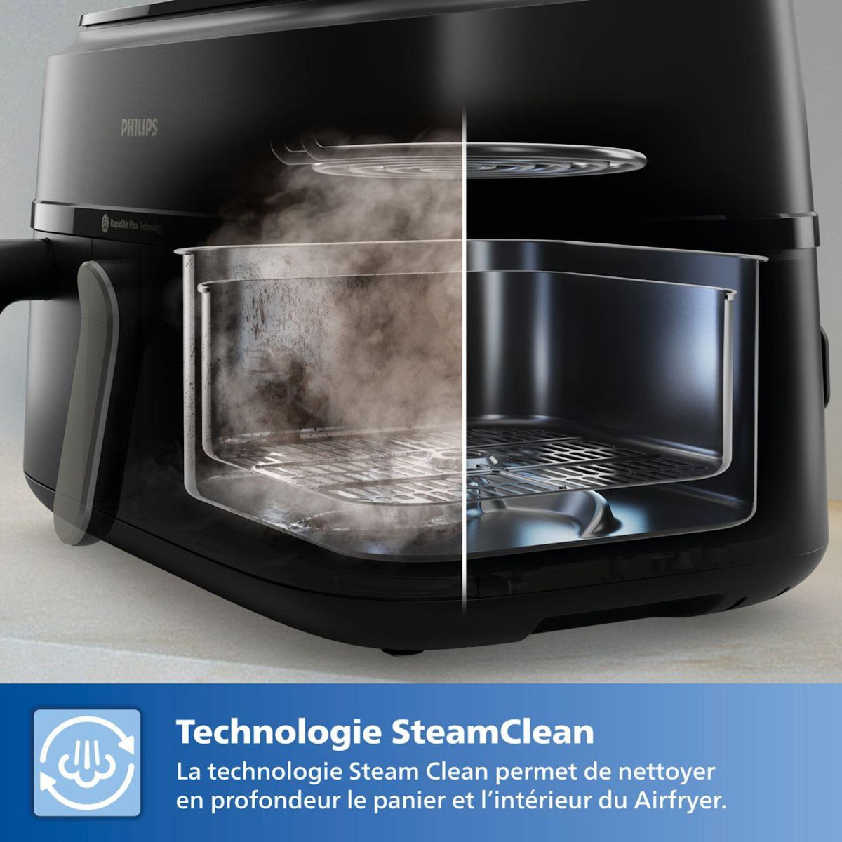 Philips Airfryer NA555/00 friteuse sans huile double panier + vapeur Métal, Série 5000 9L (3+6L)