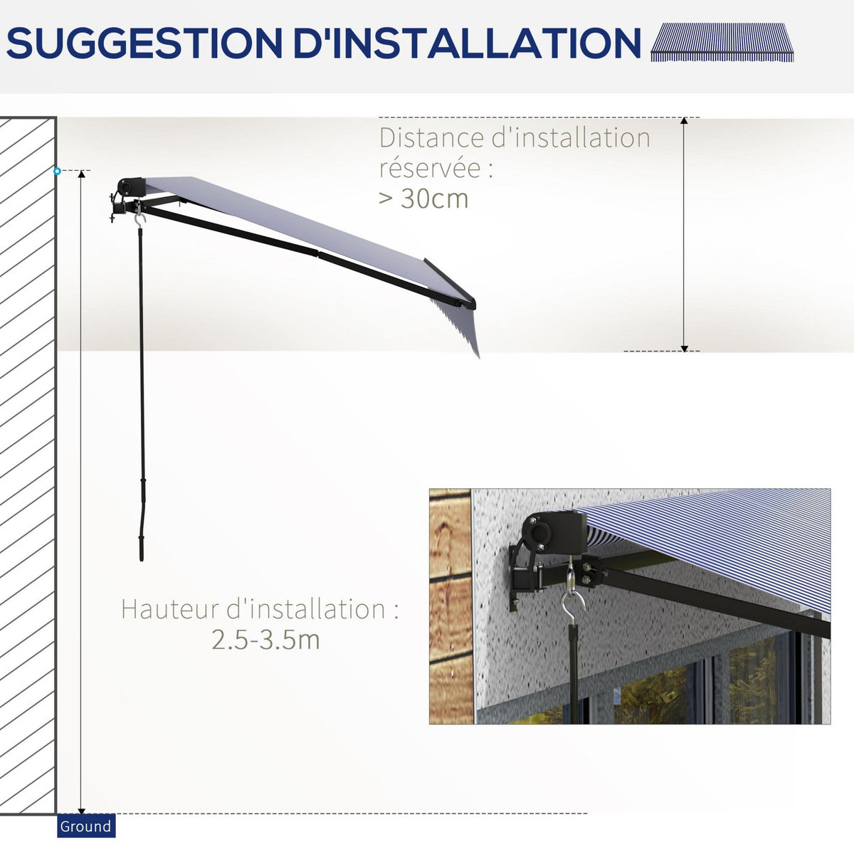 OUTSUNNY Store banne manuel rétractable inclinaison réglable manivelle alu polyester anti-UV bleu blanc