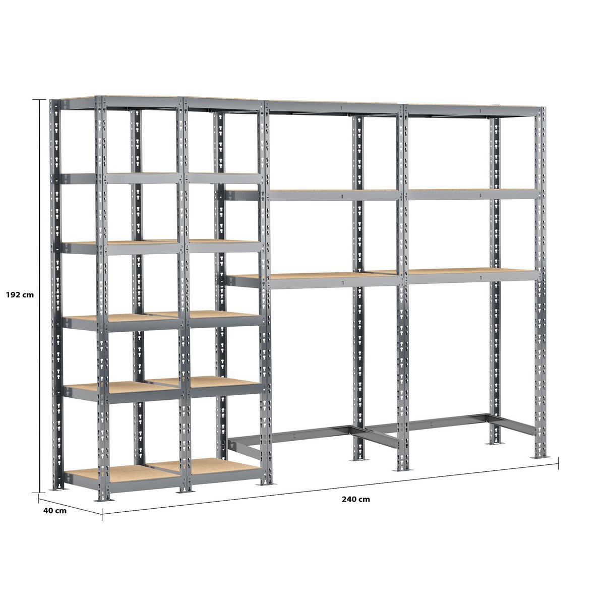 Concept rangement de garage MODULÖ STORAGE SYSTEME EXTENSION 4 étagères 18 plateaux longueur 240 cm