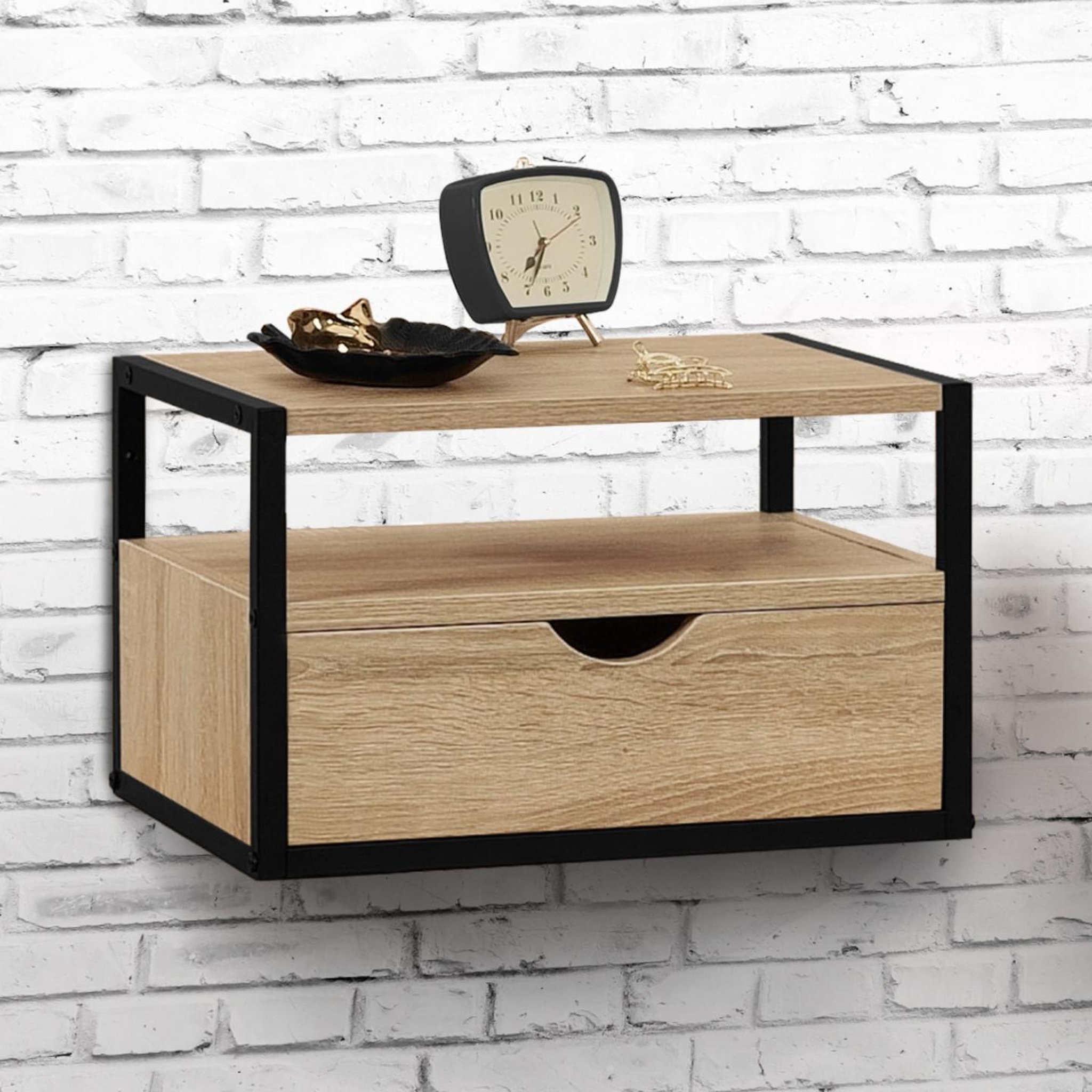 Voir la diapositive 2 : ID MARKET Lot de 2 tables de chevet murales detroit 1 tiroir + 1 tablette suspendus bois et métal noir design industriel