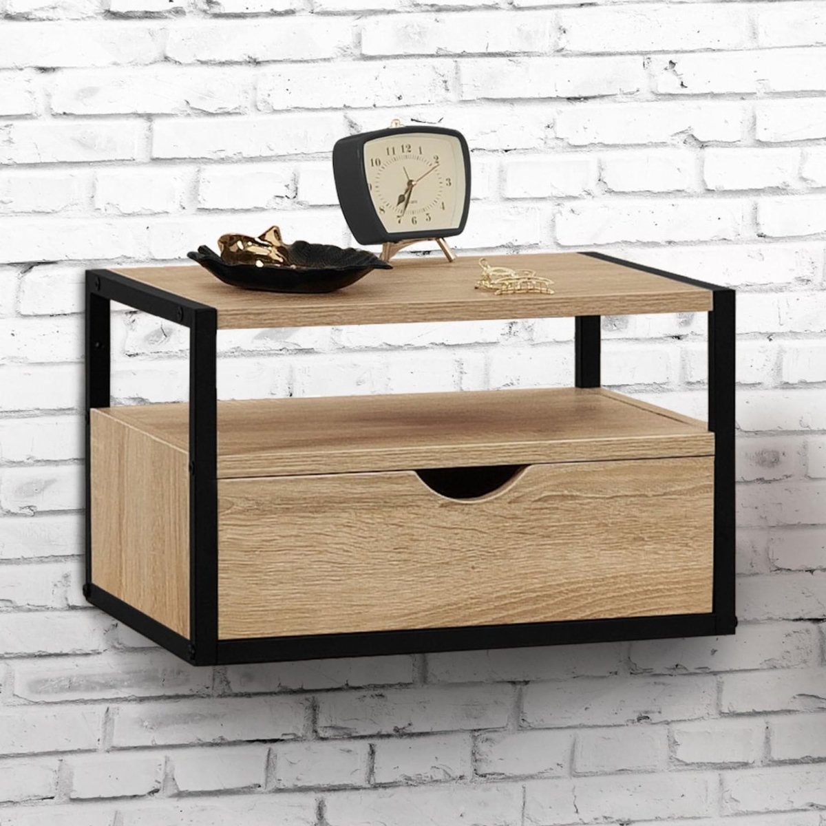 ID MARKET Lot de 2 tables de chevet murales DETROIT 1 tiroir + 1 tablette suspendus bois et métal noir design industriel
