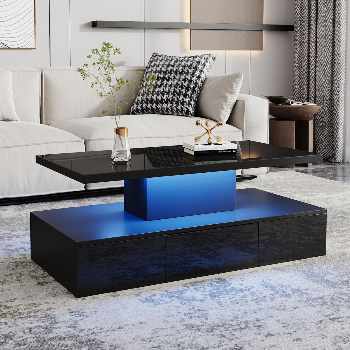 MERAX Table basse rectangulaire noir - 50x100 cm led panneaux de particules