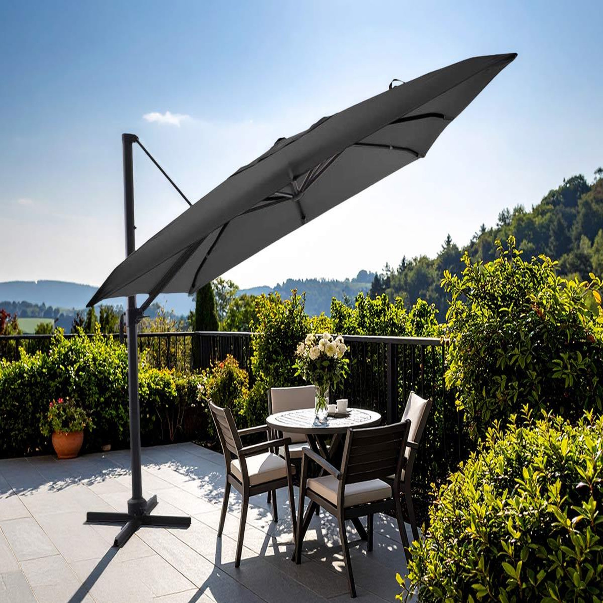 Voir la diapositive 2 : JARDIDECO Parasol déportée 3 x 3 m inclinable 5 positions anthracite - jardideco