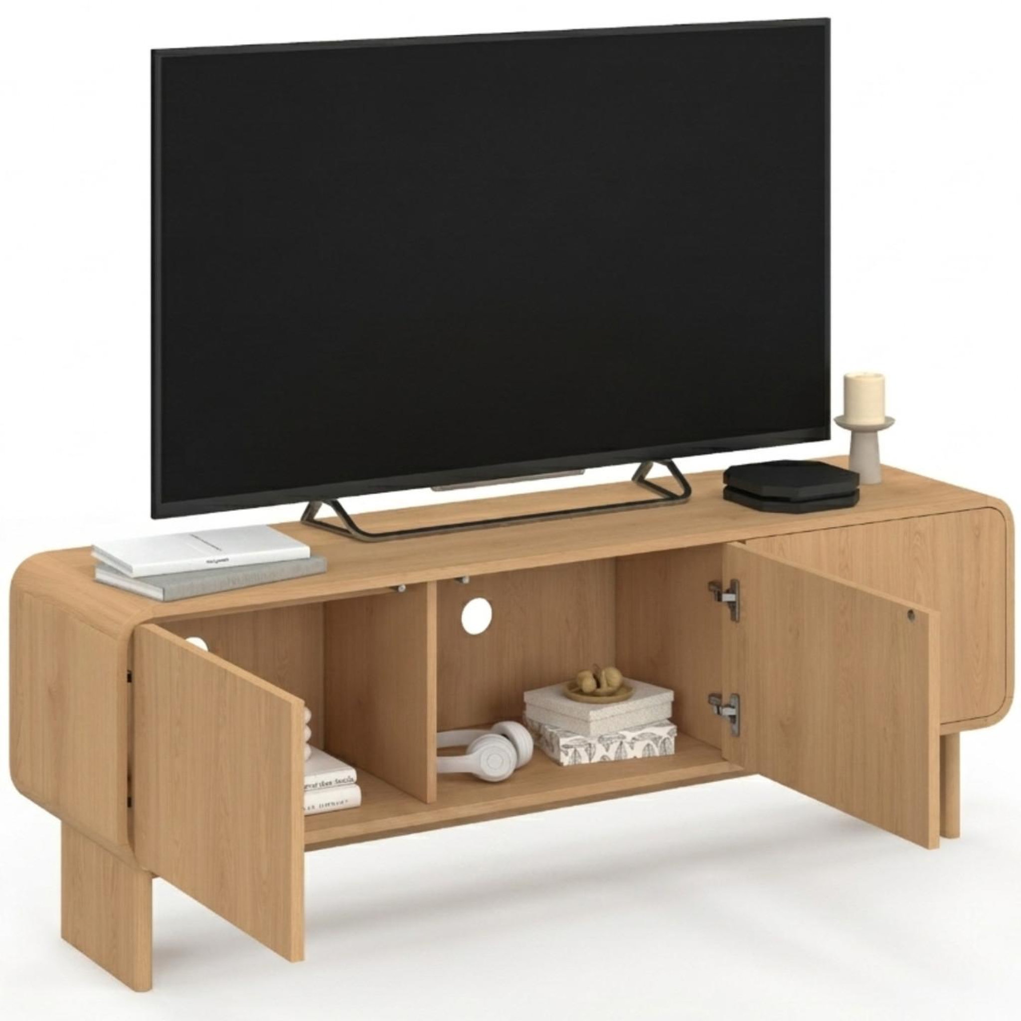Voir la diapositive 4 : ID MARKET Meuble tv 140 cm capucine 3 portes façon hêtre design arrondi