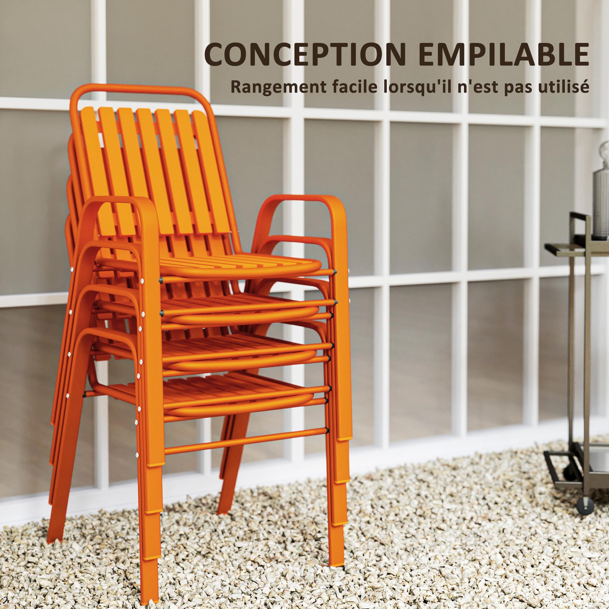 Voir la diapositive 5 : OUTSUNNY Lot de 4 chaises de jardin empilables design néo-rétro avec hauts dossiers accoudoirs acier époxy orange